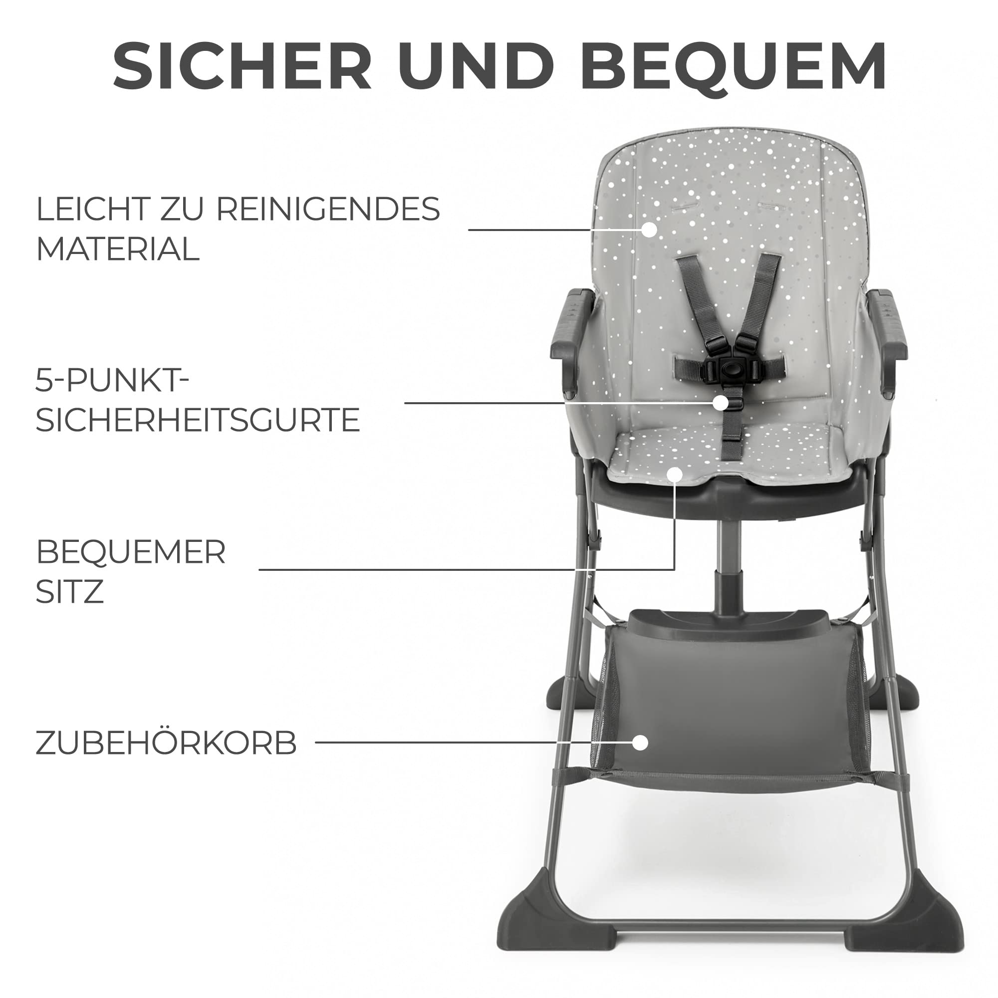 Kinderkraft FOLDEE Hochstuhl Baby, Kinderstuhl ab 6 Monate, Zusammenklappen, Leicht zu tragen mit einer Hand, Verstellbare Rückenlehne und Fußstütze, Tablett und Zubehörkorb im set, Grau