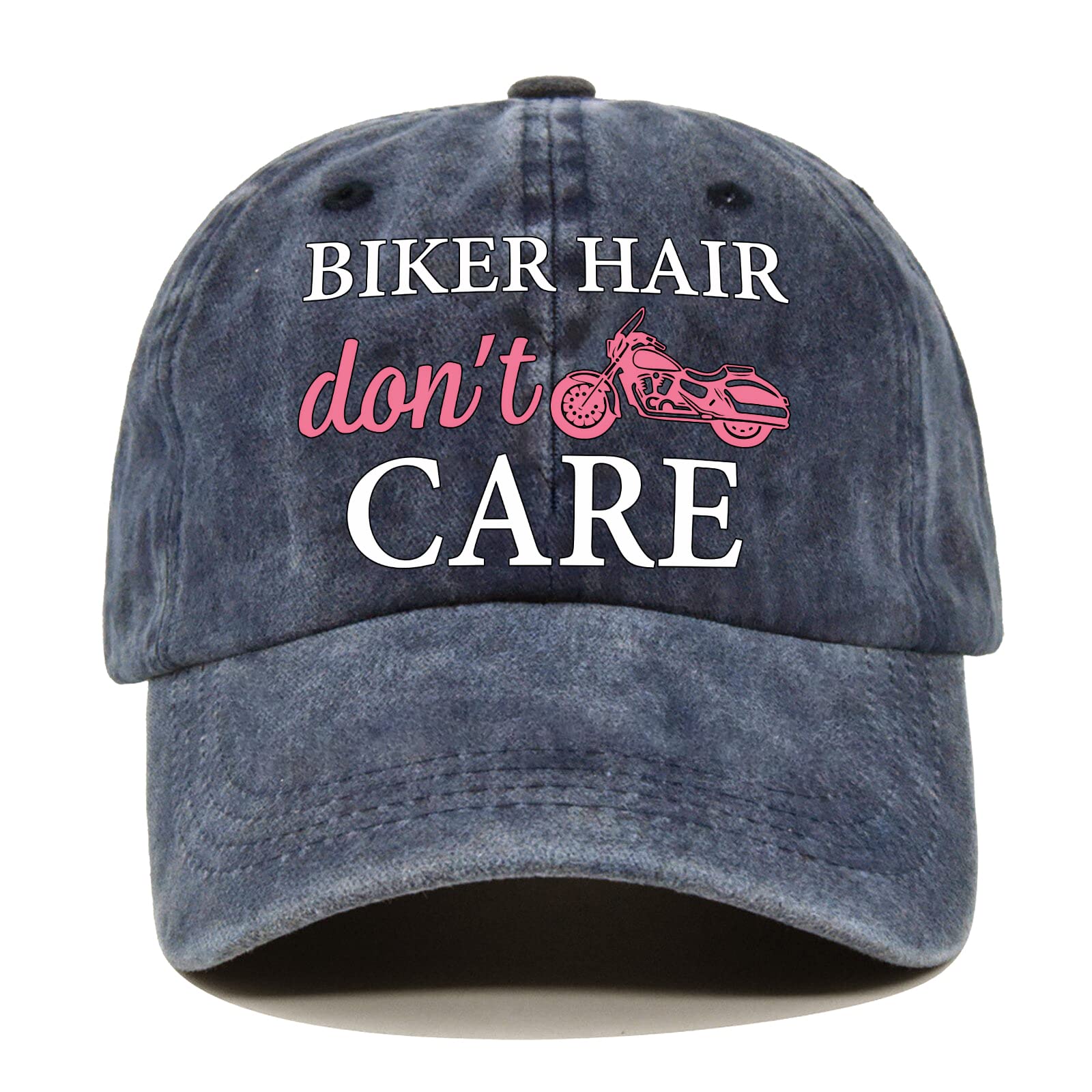 PishoviBiker Hair Don't Care Distressed Washed Blue Baseball Cap, Vintage Adjustable Cotton Cap, Retirement Gift for Women, Biker Cap for Mom BFFF, Birthday for Motorcycle Enthusiast, Blue, 7-7 1/4