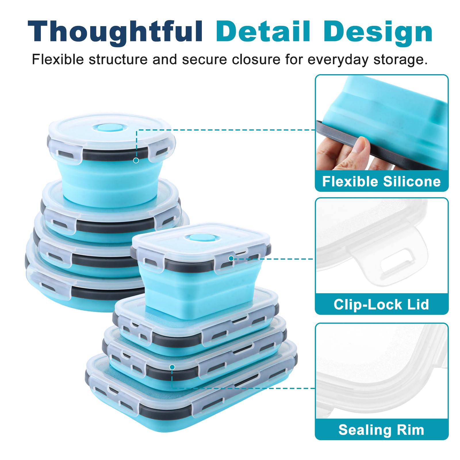 JMIATRY Lot de 8 boîtes à déjeuner pliables en silicone - Récipients ronds et carrés en gris bleu, 350 ml, 500 ml, 800 ml et 1200 ml pour différentes quantités