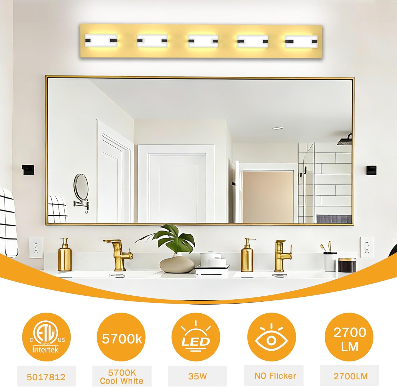 LED Bathroom Light Fixtures, 5-Light Modern Vanity Lights with Milky White Frosted Acrylic Shades, Gold Bathroom Lighting fixtures Over Mirror, ETL Listed, 35W (Cool White 5700K)