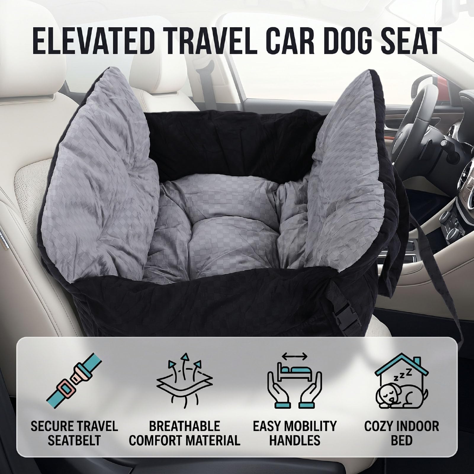 Asiento Elevado para Coche para Perros, Cama de Viaje Suave y Transpirable para Mascotas de 15,7 X 17,7 X 12,6 Pulgadas con Cinturón de Seguridad y Asas, Portátil para Perros Pequeños