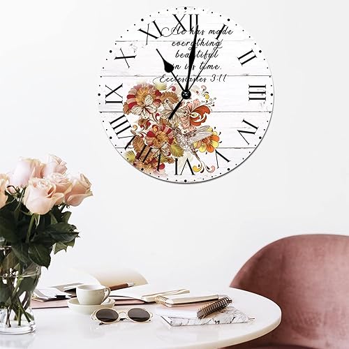 Miniatura 92 de ArogGeld He Made Everything Beautiful - Reloj de pared de PVC con flores rosadas, colibrí, reloj de pared grande con cita y números romanos, reloj