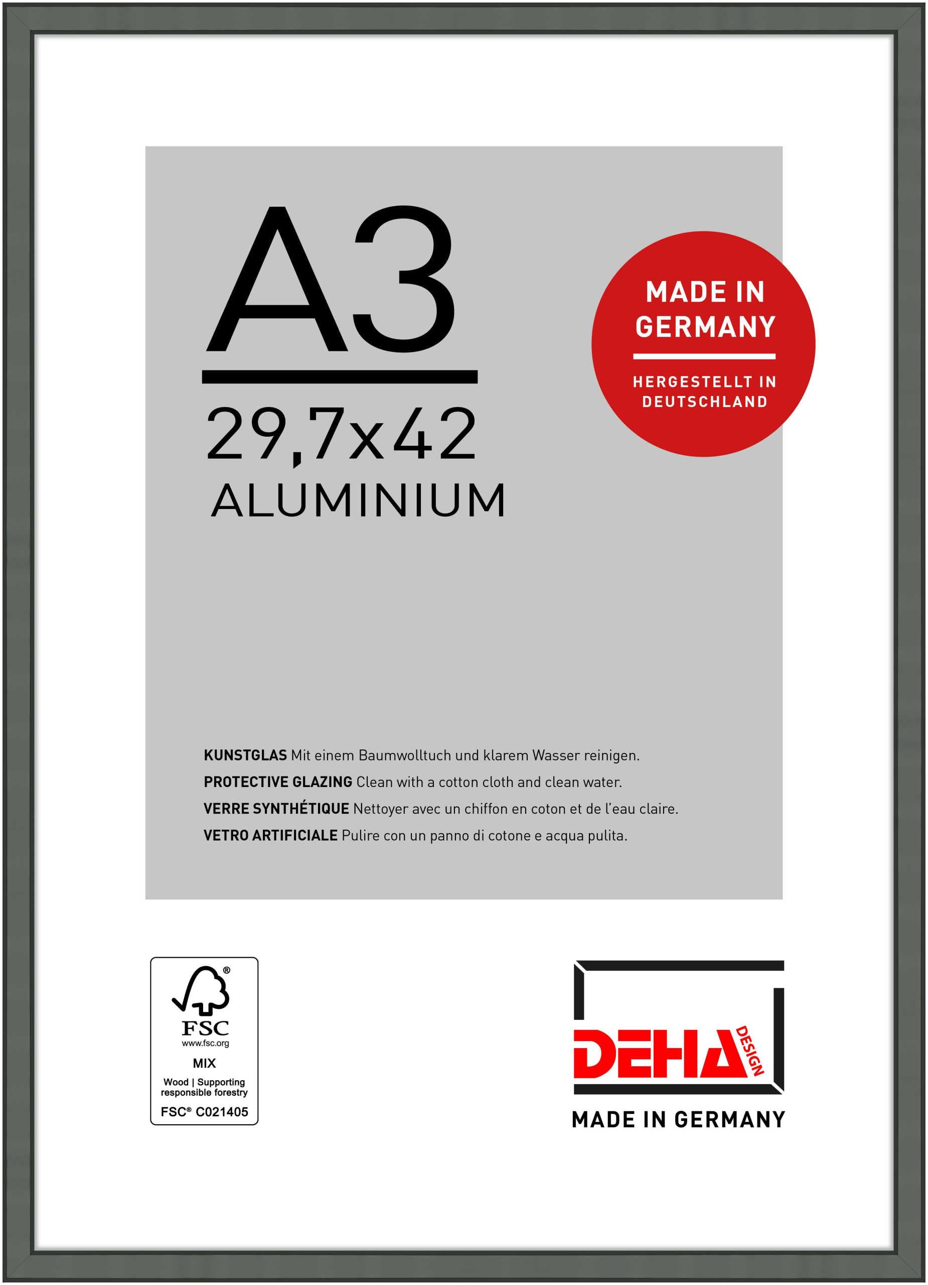 Deha Design Contrast Grey Boston Aluminium Picture Frame - A3 (29.7X42 Cm) – Grey - With Synthetic Glass And Push/Turn Clips