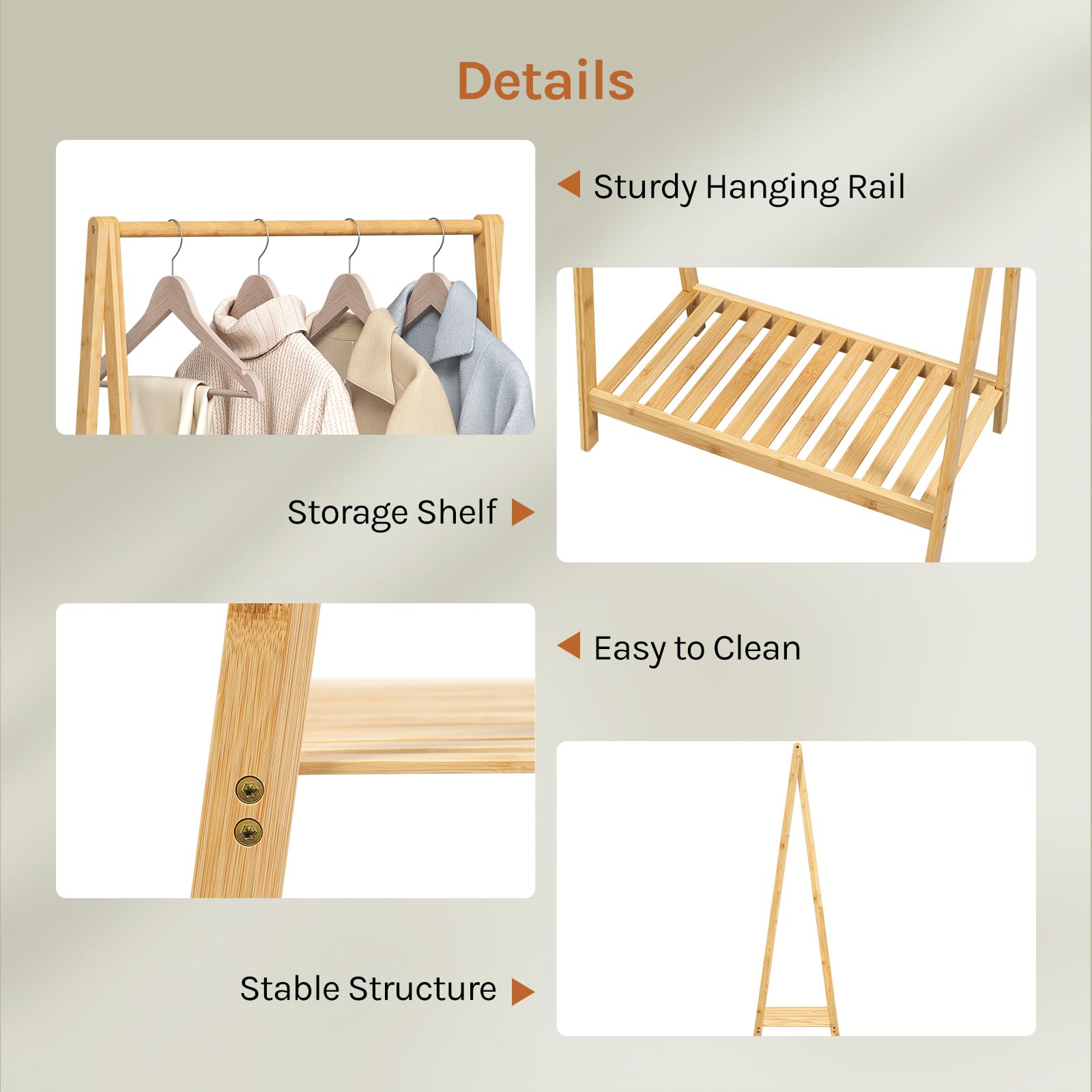 WOLTU Porte-Manteau en Bambou, Portant à Vêtements sur Pied avec Étagère Inférieure, Penderie Ouverte avec Barre de Suspension, pour Entrée, Chambre, 60x37,5x121 cm