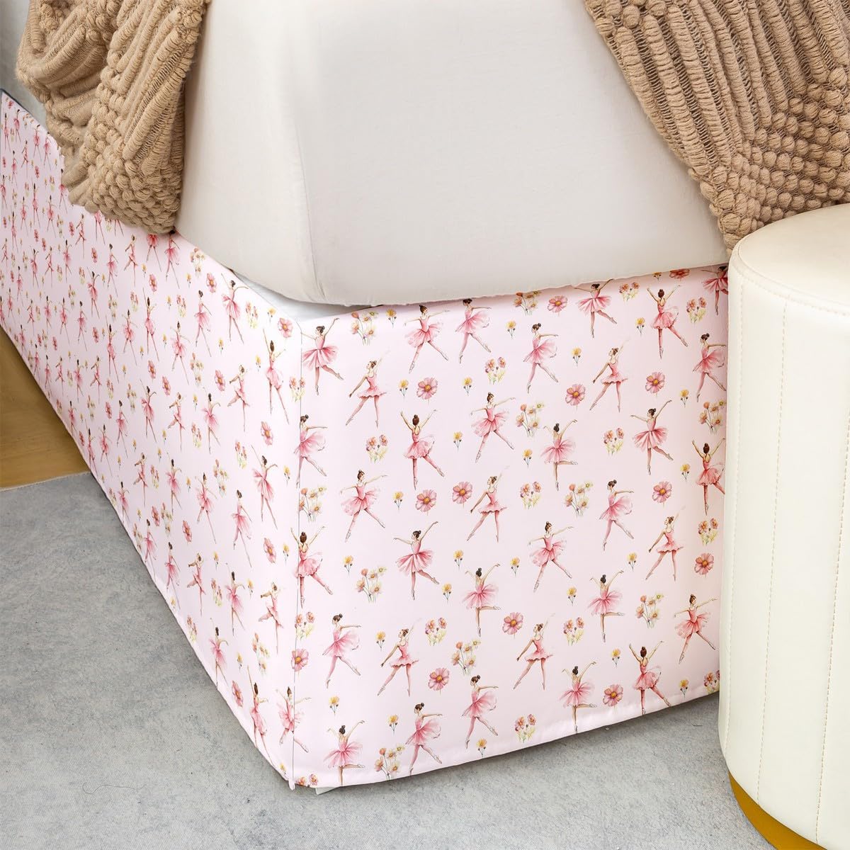 Feelyou Ballet Girl Bed Skirt Twin Size, Ballet Bedskirt Dust Ruffle 15 Inch for Kids Boys Girls Dancing Theme Fitted Sheet, Floral Flower Girly Love Wrap Microfiber Bed Skirts for Bedroom Decor