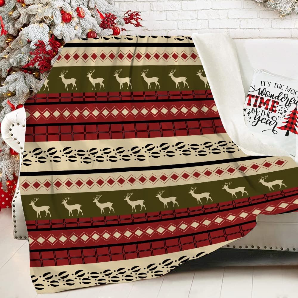 Christmas Blanket, Snow Elk Pattern,Cozy Winter Holiday Cabin Blanket for Sofa Couch Holidays Christmas Decoration,White Red 60x80 Inches