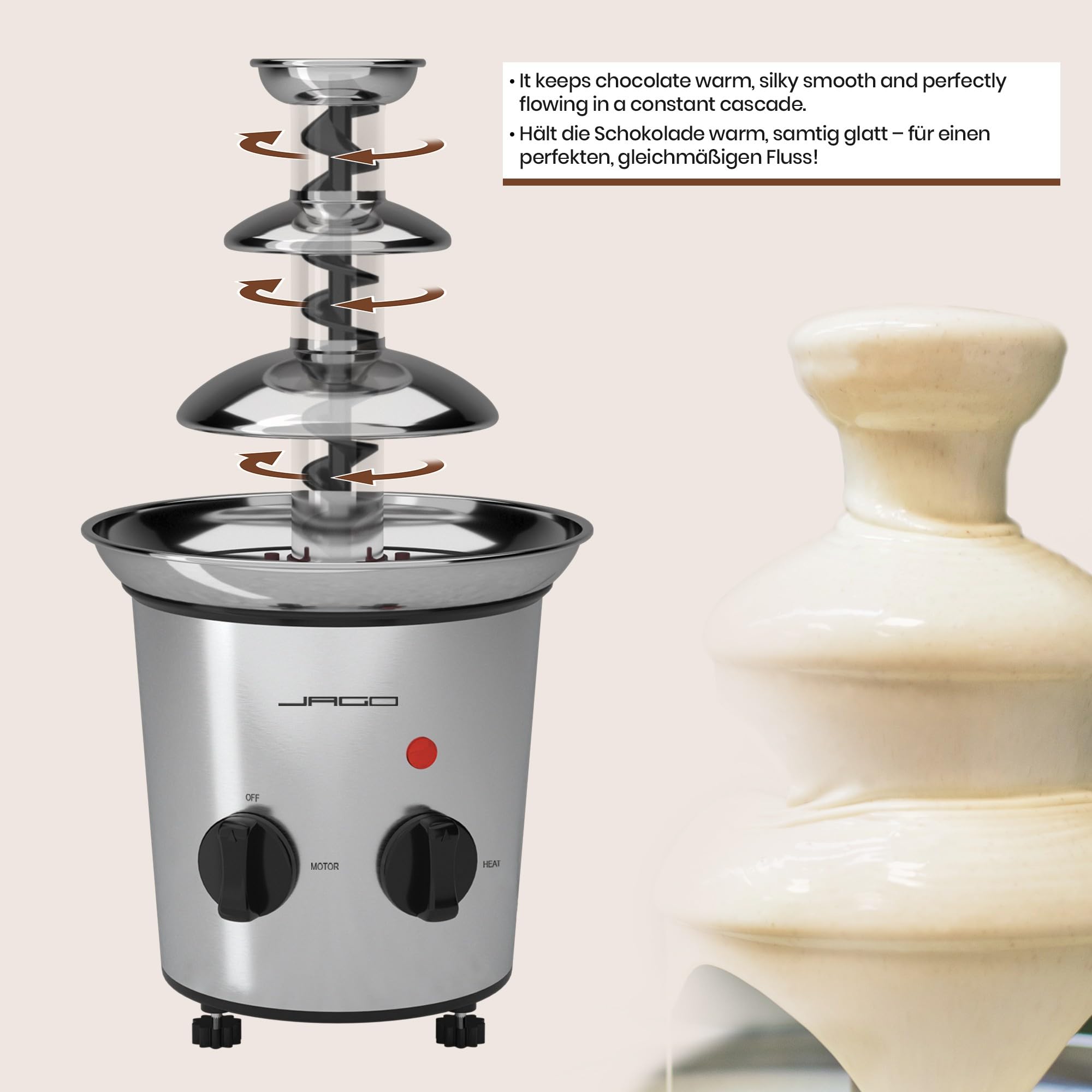 Jago® Schokoladenbrunnen 275W - 3 Etagen, Max. Kapazität 1 kg Schokolade, Edelstahl, Spülmaschinengeeignet, Silber - Schokobrunnen, Schokofondue, Schokoladenfondue, Schokoladenfontäne