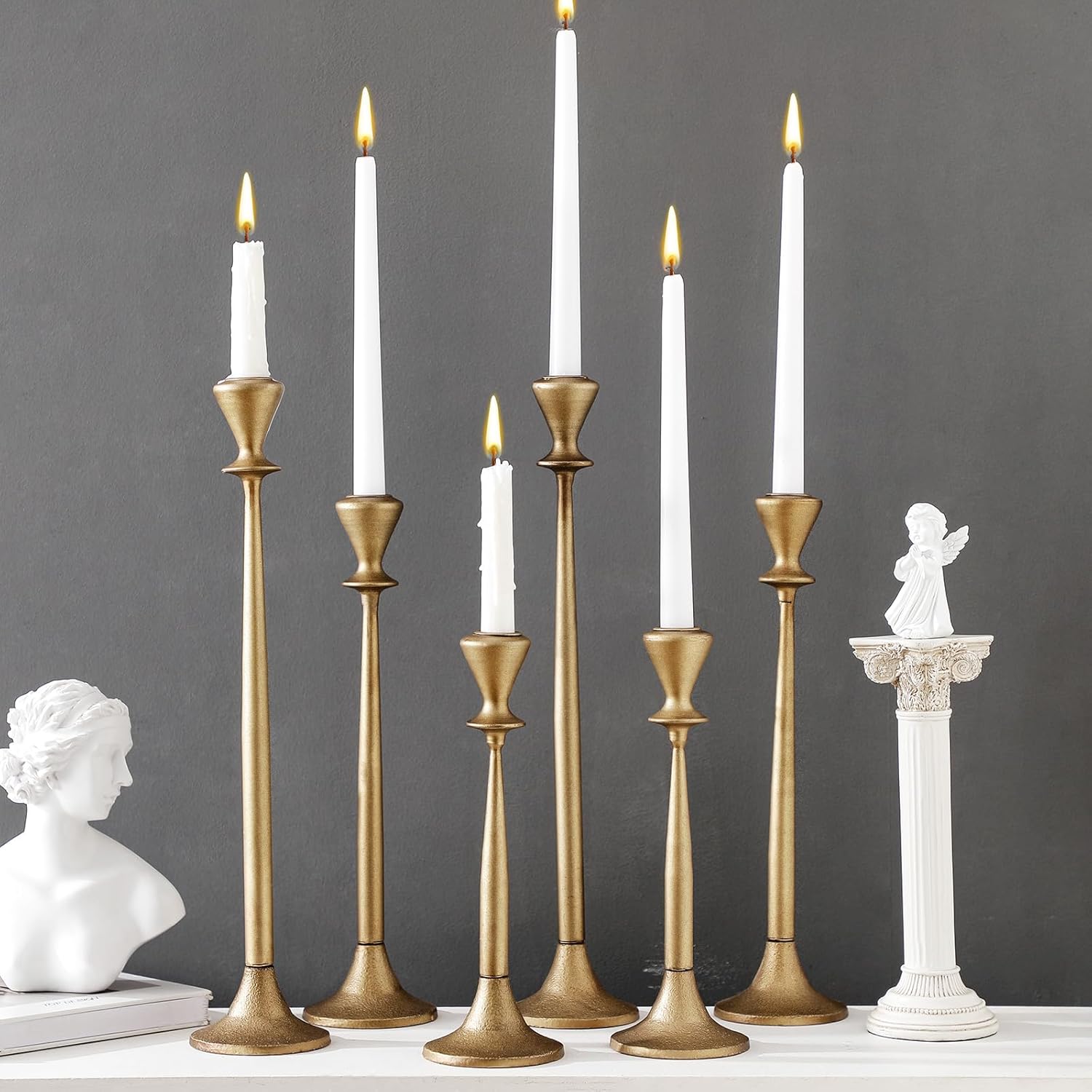 Newtay Set of 6 Vintage Gold Iron Taper Candlestick Holder Tall Brass Candle Holder Decorative Candle Stand, Candlestick Holder for Wedding, Dinning, Party (Antique Brass)