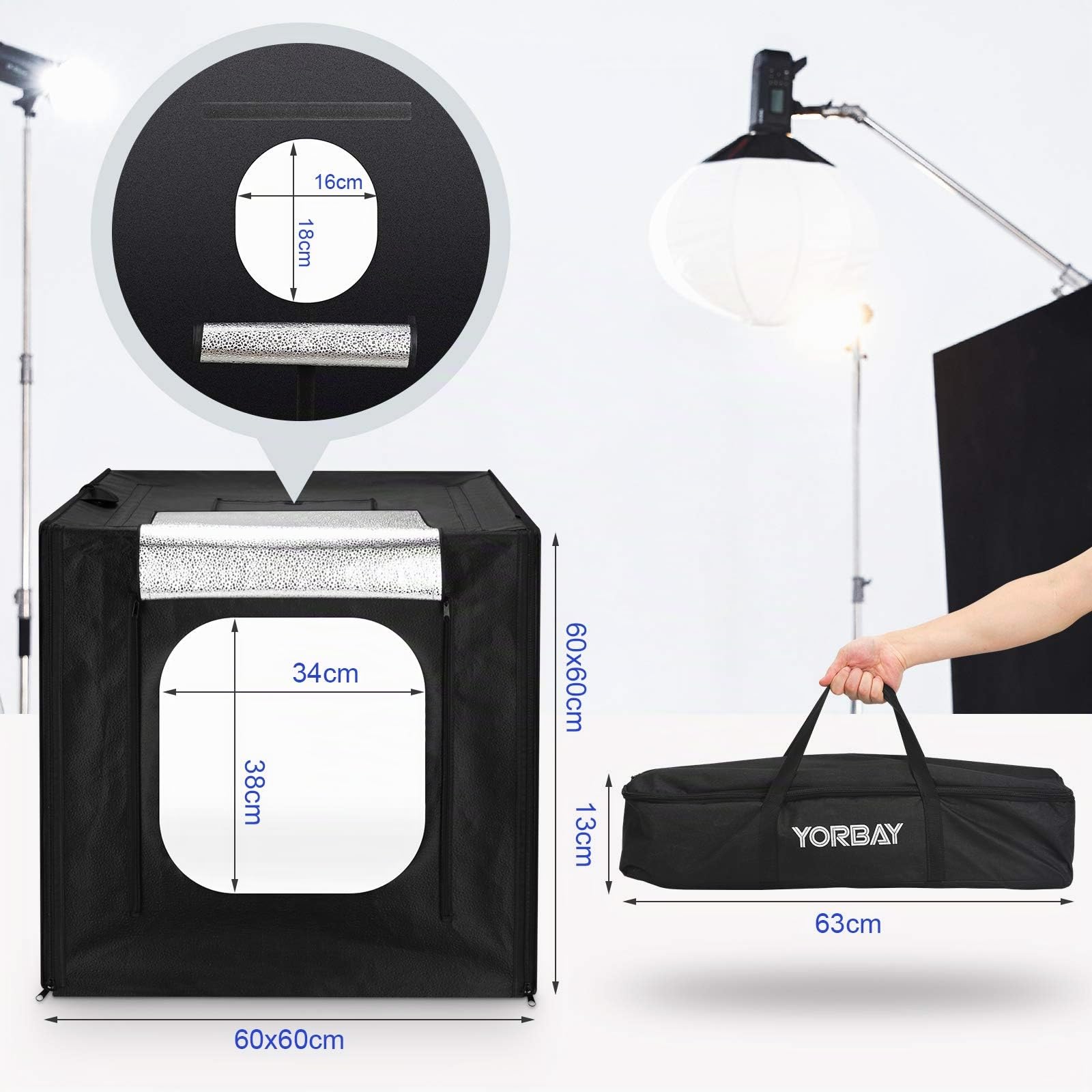 Yorbay Estudio fotográfico portátil 60x60x60cm, 2 Tiras de LED Luz Regulable 192 LED, con Bolsa de Transporte y 4 Fondos Negro/Blanco/Blanco cálido/Gris Reutilizable
