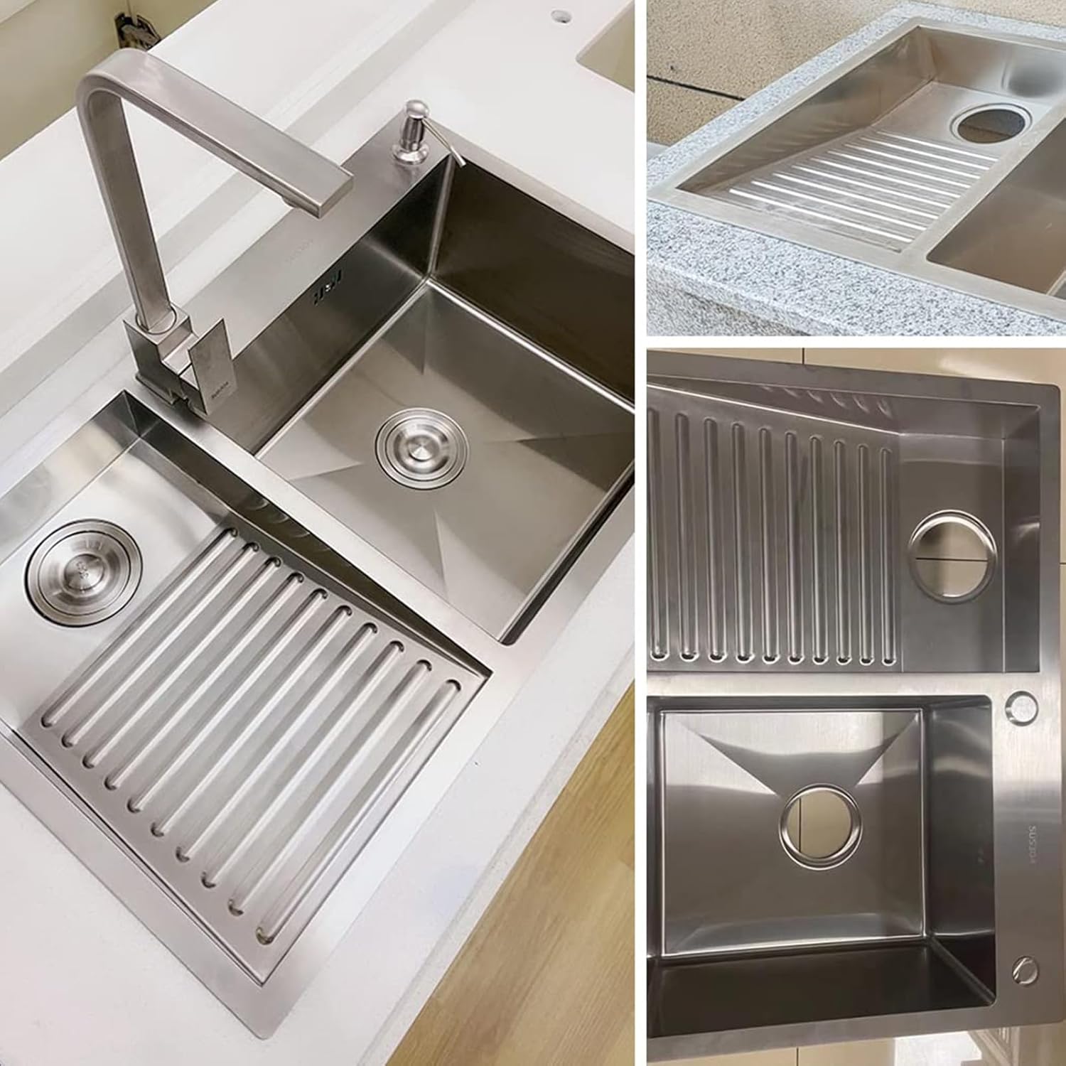 Laundry Utility Sink Stainless Steel with Washboard, Wash Basin for Kitchen, Bathroom, Balcony, Easy-to-Clean Double-Bowl Design, 900mm/35.4 Inch