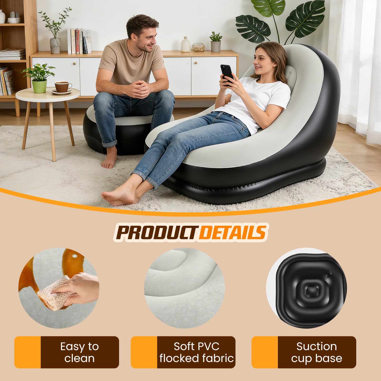 Juego de sofá hinchable con reposapiés – Sofá hinchable con flocado para camping, jardín y sala de estar, resistente al agua, gris-negro, 120 x 95 x 85 cm