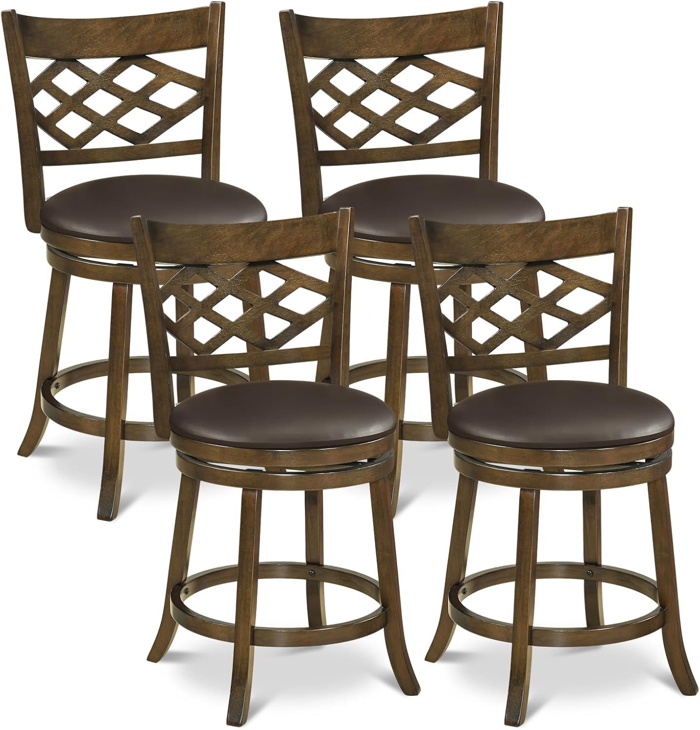 Giantex Swivel Bar Stools Set of 4, 26" Counter Height Bar Chairs with Rubber Wood Frame, Upholstered Seat & Footrest, Mid-Century Barstools for Kitchen Island, Cafe, Pub, Brown