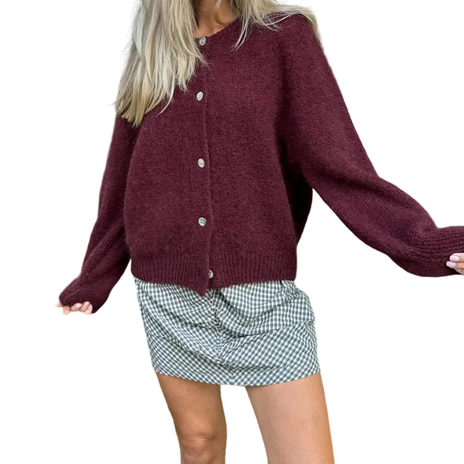 Women Button Up Cardigan Sweater Y2k Fuzzy Contrast Trim Crew Neck Long Sleeve Cable Cardigan Coat Going Out Fall Warm Knitwear (F-05, S)