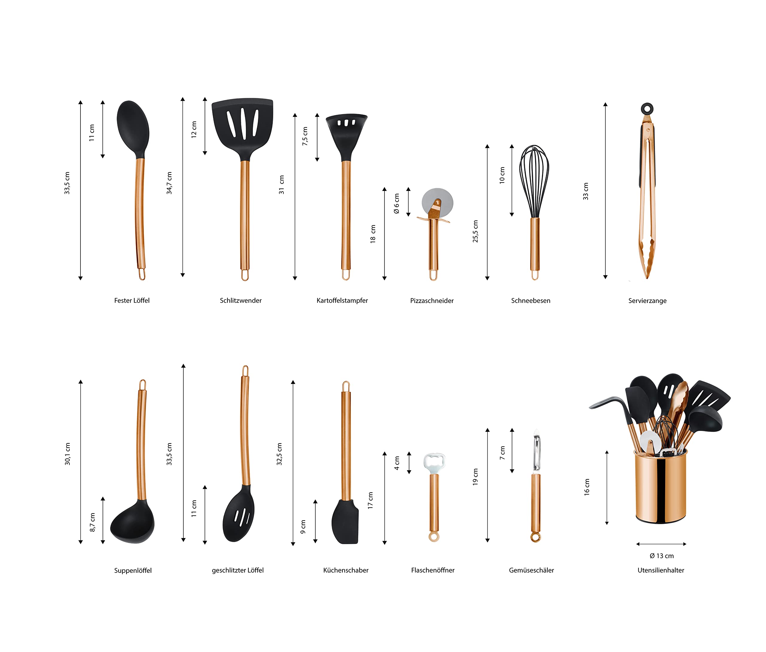 ECHTWERK Utensilios de cocina, juego de utensilios de cocina de 12 piezas, utensilios de cocina con mango de acero inoxidable, soporte para utensilios, silicona antiadherente, Negro-Edición
