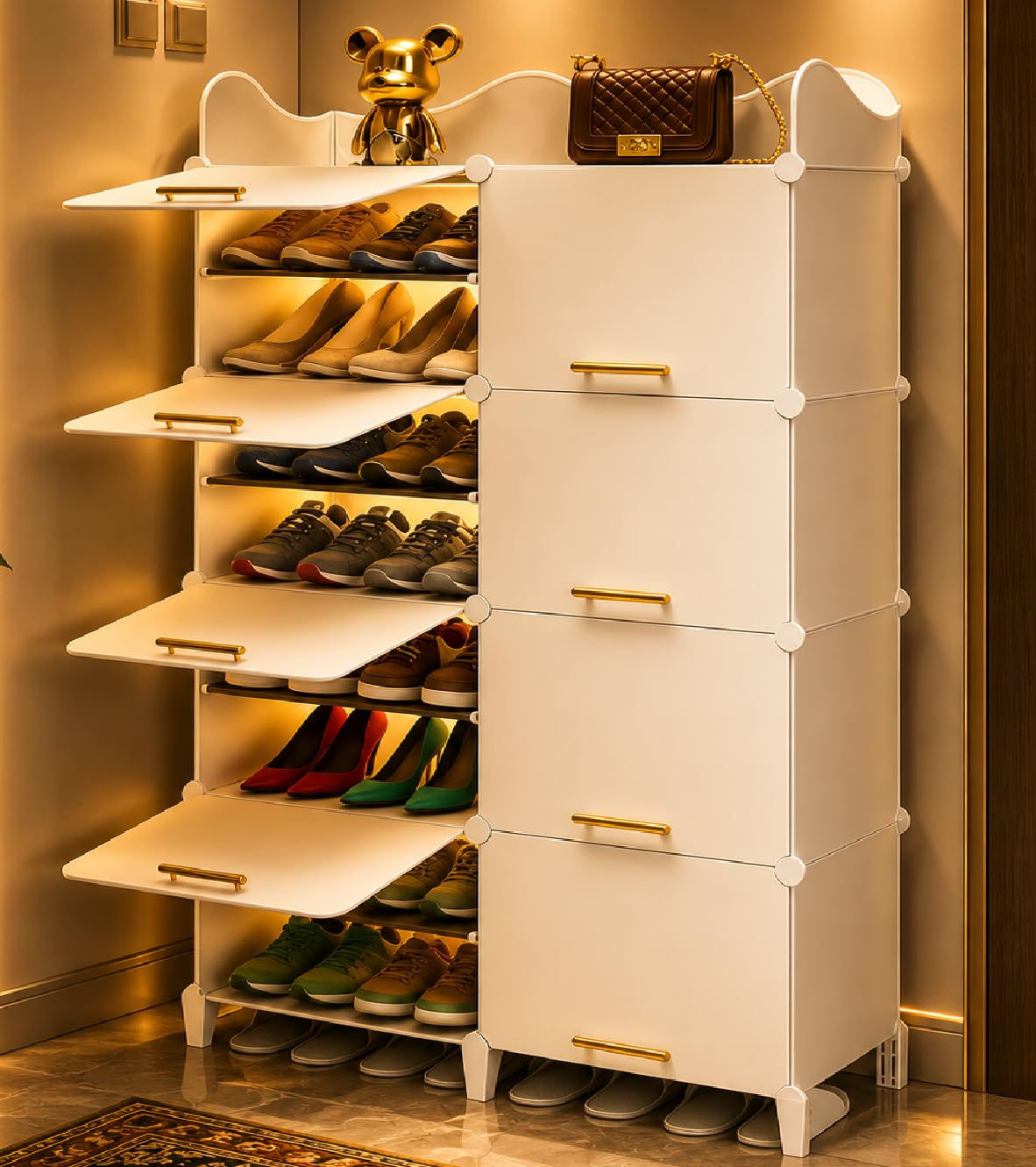 Plastic Shoe Rack for Home | 6 Door 18 Shelf DIY Shoe Rack with Door for Home Storage Plastic Box Organizer, Metal Door Frame, Chappal Slipper Sandals Stand (White, 8 Door)-image-41