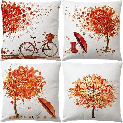 7COLORROOM Juego de 4 fundas de almohada decorativas de otoño y otoño, con hojas de arce, para bicicleta, árbol, paraguas, funda de cojín para