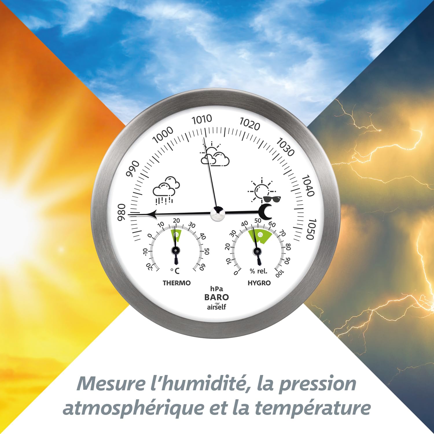 airself Station météo analogique en acier inoxydable - avec baromètre/thermomètre/hygromètre - pour intérieur/extérieur