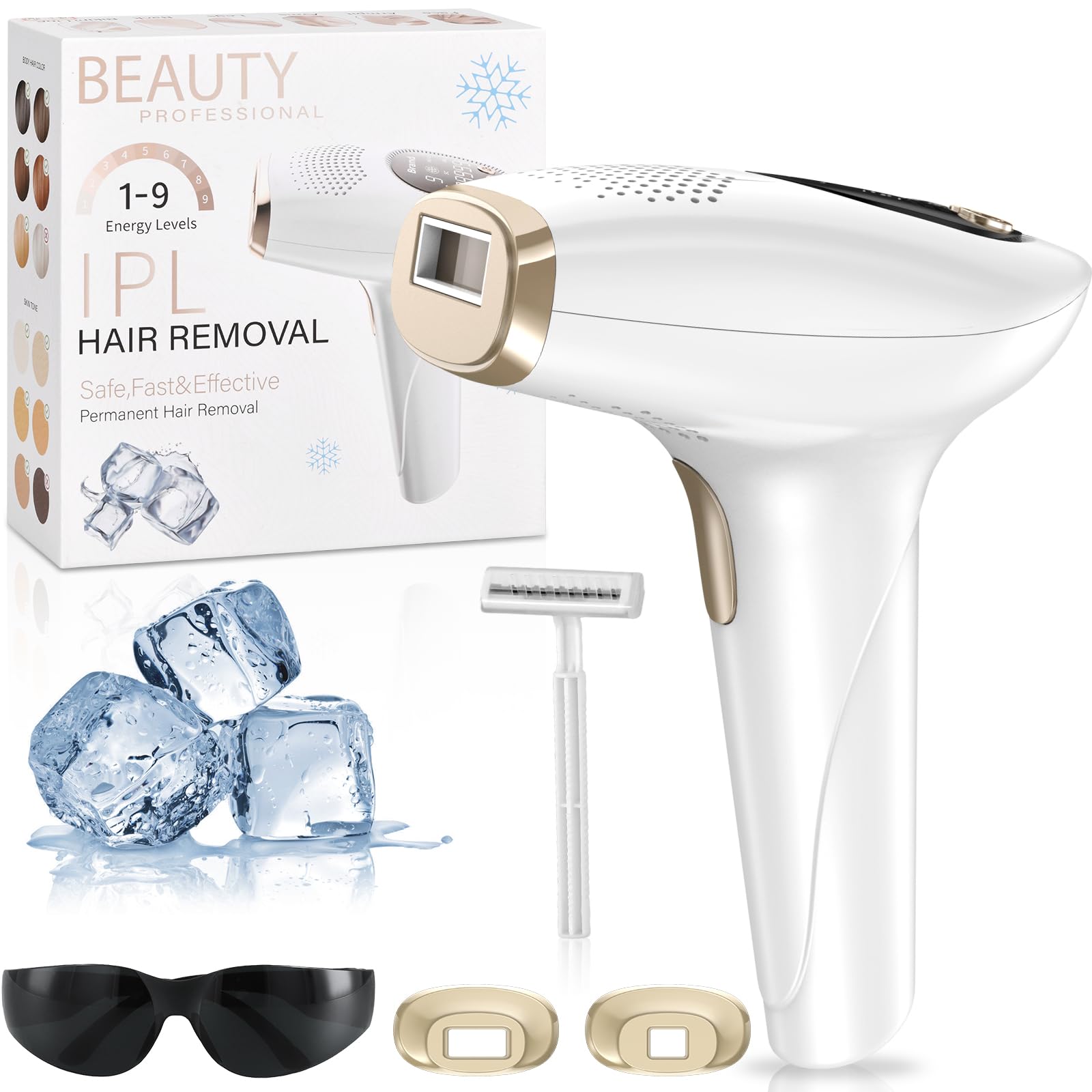 Depiladora de Luz Pulsada con Función de Enfriamiento, 3 Modos HR/RA/SC, 9 Nivel de Energía, Depiladora Láser IPL para Hombre, Mujer, Piernas, Axilas, Cuerpo