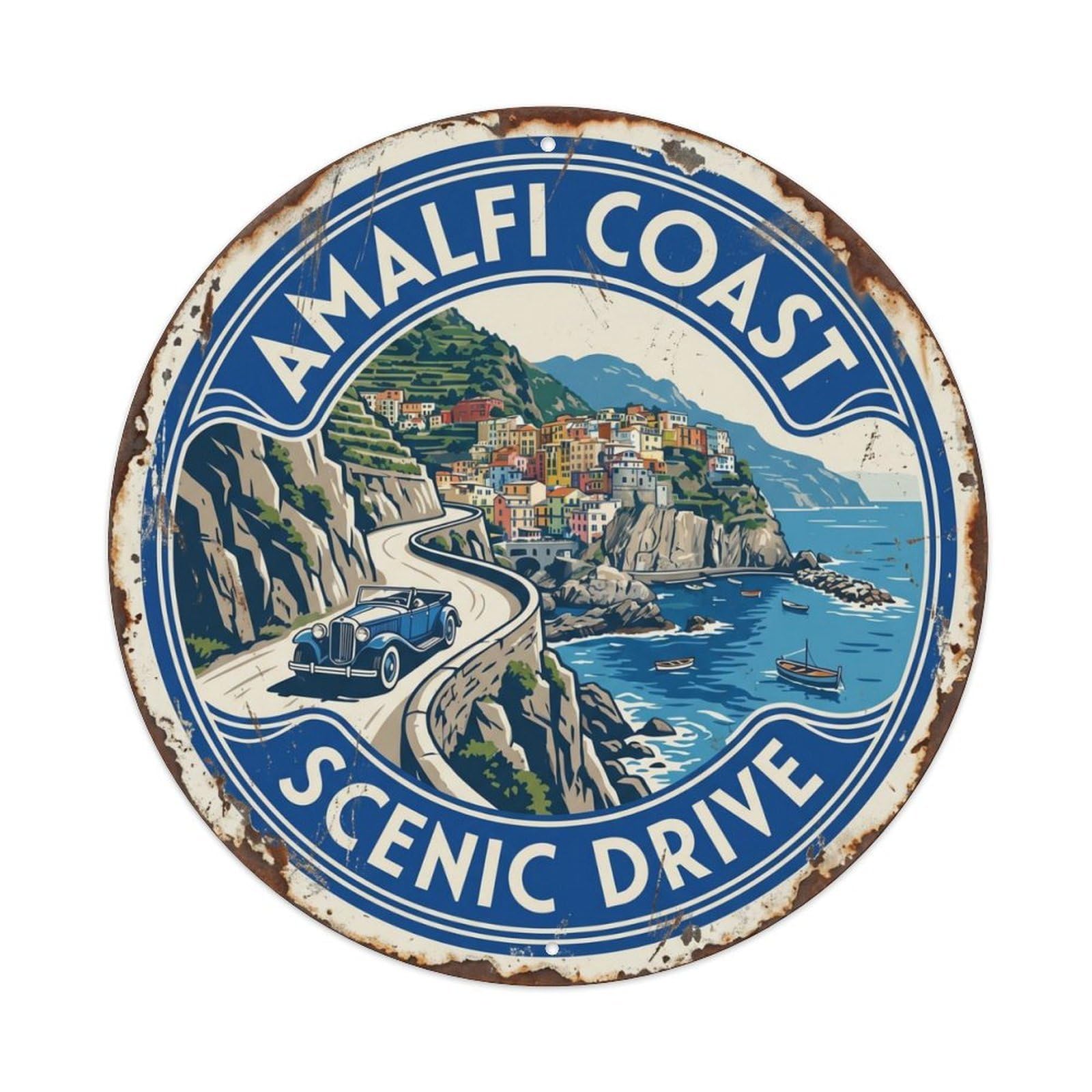 Vintage Travel Amalfi Coastline Italy Metal Tin Sign Plaque Wall Decor for Cafe, Club, Garden Round Metal Poster 8x8Inch
