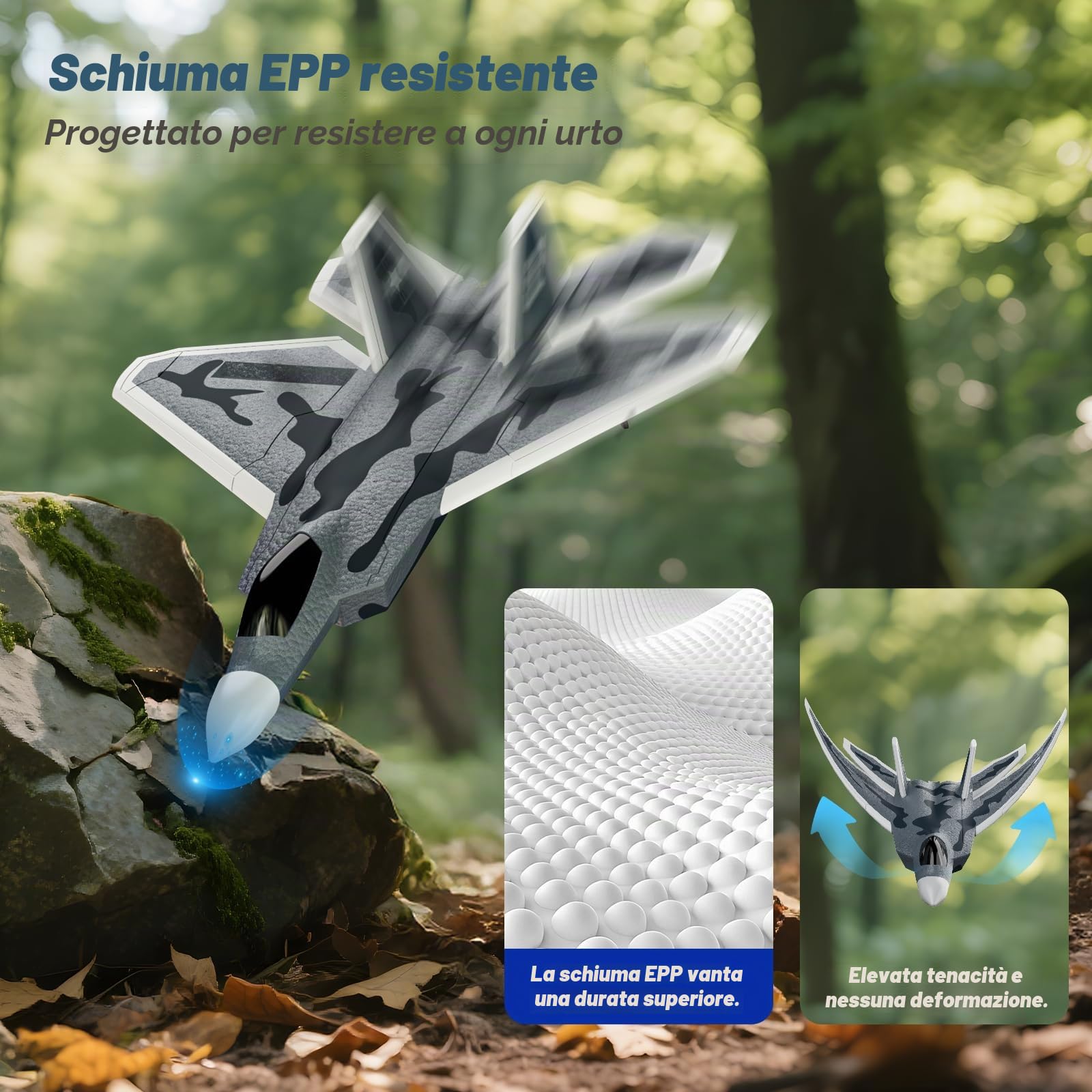 DEERC 2CH F22 Avione telecomandato Raptor con luci, aereo da caccia telecomandato, aliante RTF con stabilizzatore giroscopico a 6 assi 2,4 GHz, con 2 batterie, facile da pilotare per bambini
