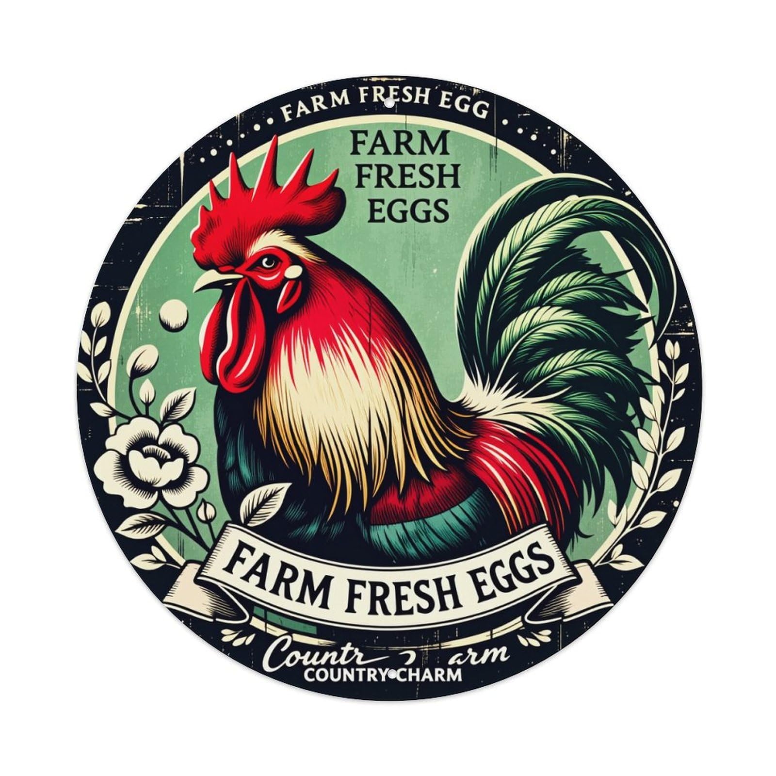 Farm Fresh Eggs Rooster Country Charm Round Tin Sign Vintage Style Metal Sign Home Bar Garden Wall Plaque Decor Metal Poster 8x8 Inch