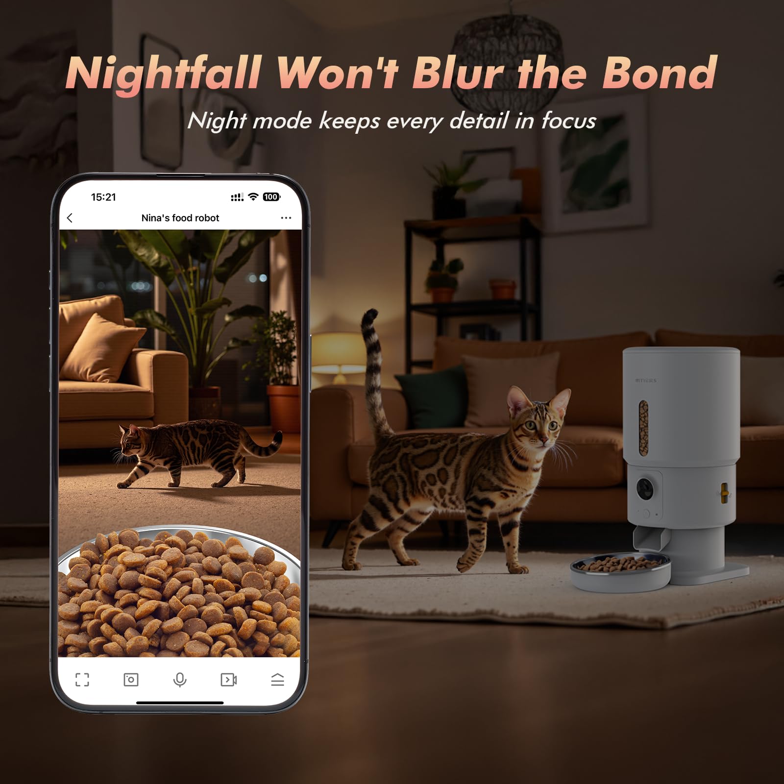Alimentatore automatico per gatti con fotocamera, dispenser di cibo per gatti 5G WiFi a tempo, video HD 1080p con visione notturna, 1-15 pasti, 1-99 porzioni, audio a 2 vie, mantiene fresco il cibo