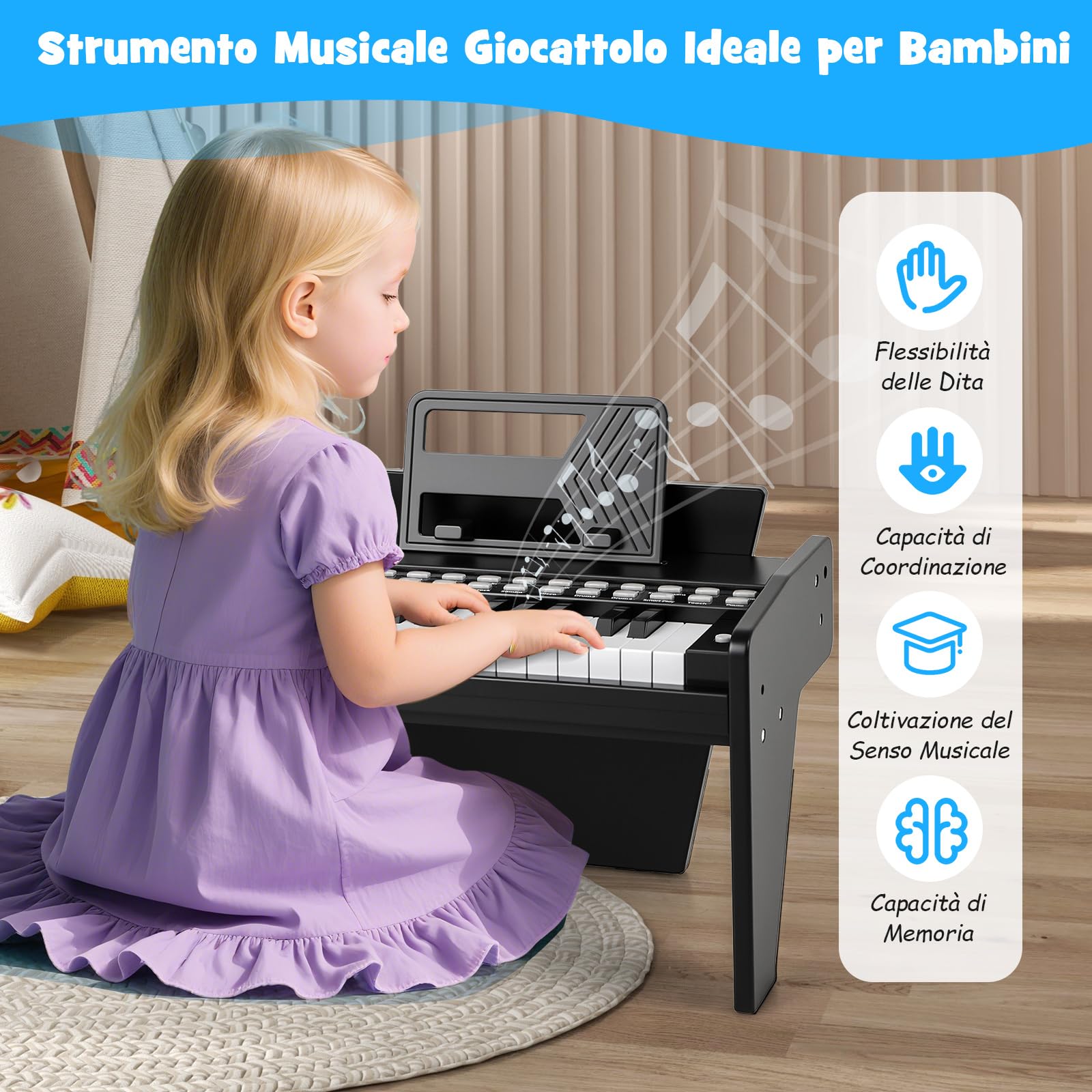 COSTWAY Tastiera Pianoforte per Bambini a 25 Tasti, Mini Pianoforte Digitale Giocattolo, con Velocità e Volume Regolabili, Tasto Luminoso e Leggio, Modalità Didattica, per 3+ Anni (Nero)