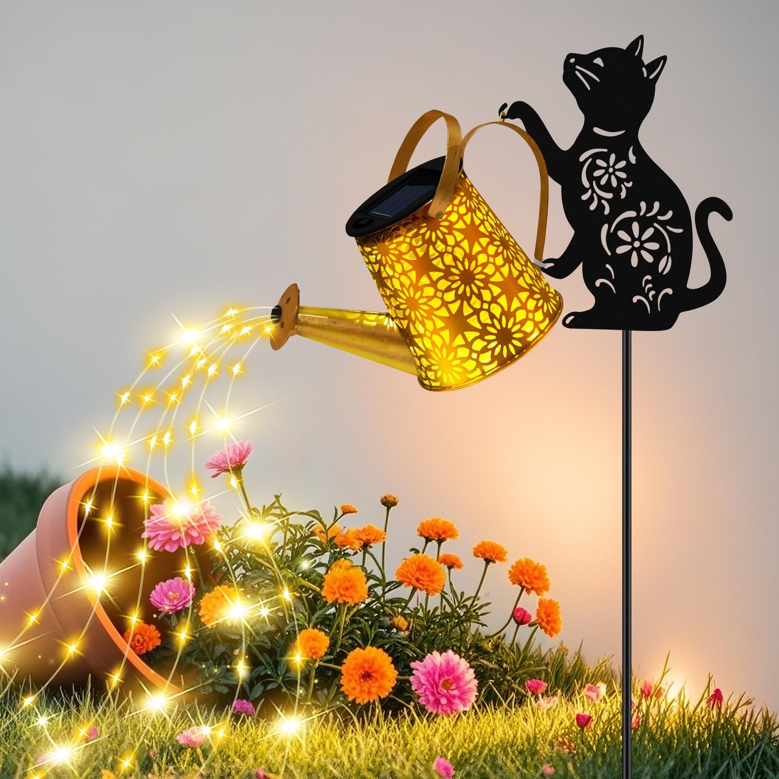 Solar Lights Outdoor Decorative, Watering Can with Cascading Lights, with Cat Silhouette Garden Stakes, Waterproof Metal Garden Decor for Yard Art, Outside, Patio, Lawn Ornaments
