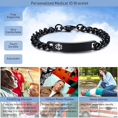 Miniatura 20 de VNOX Pulsera de identificación de alerta médica, pulsera de emergencia de acero inoxidable para hombre y mujer, 7.2/8/8.4 pulgadas *personaliza tu