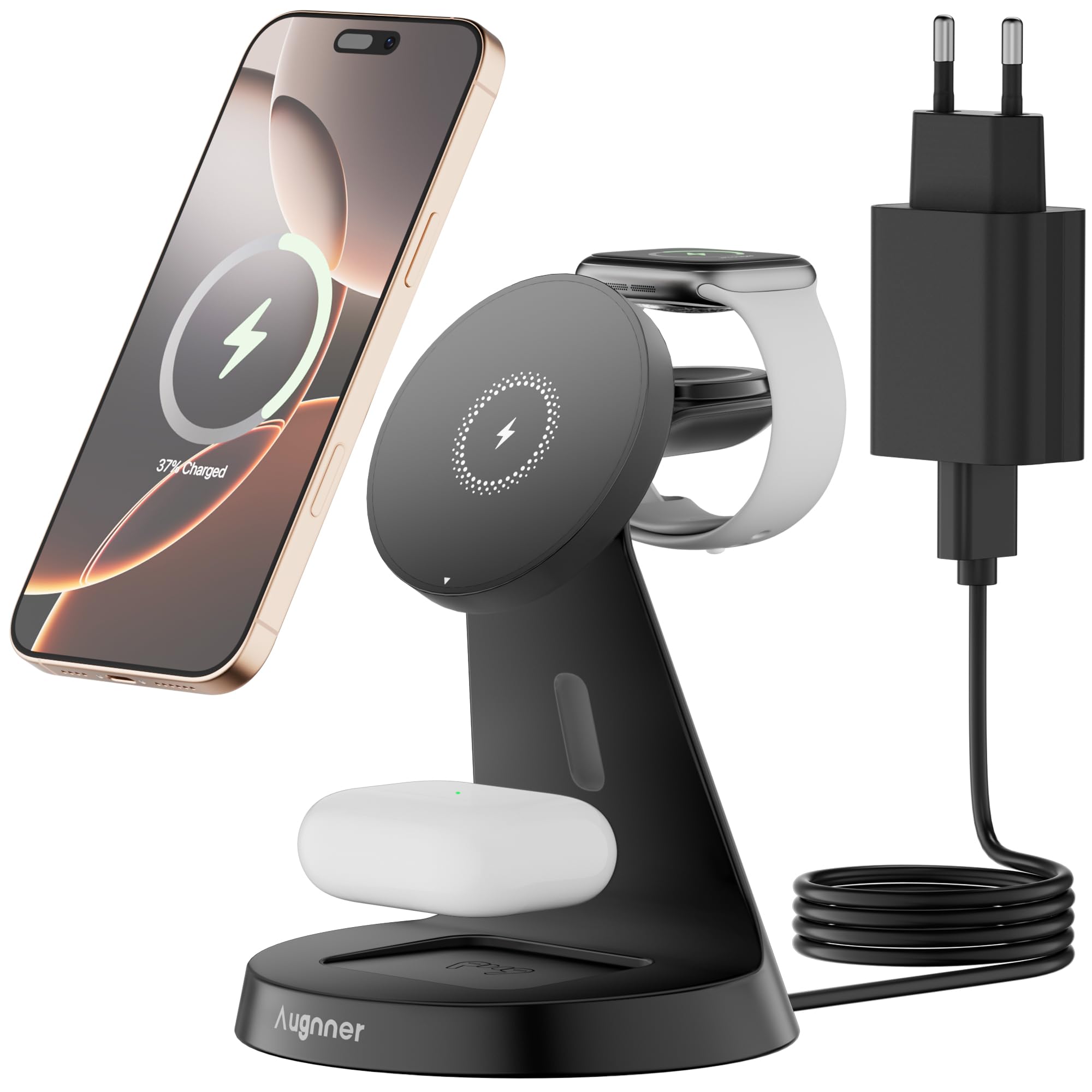 Caricatore Wireless per iPhone, 3 in 1 Stazione di Ricarica con MagSafe per iPhone17/16/16 Pro/16 Pro Max /15/14/13/12, Caricatore Portatile Wireless per Apple Watch10/9/8/7/6, AirPods 2/3/4/Pro