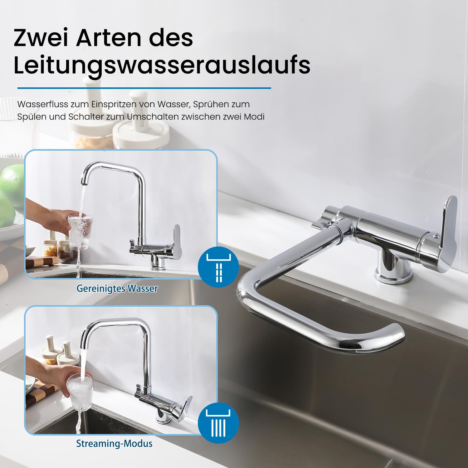 3 Wege Wasserhahn Küche,Vorfenster Küchenarmatur Klappbar mit Kaltstart,3 in 1 Mischbatterie für Wasserfilter,360°Drehbar Armatur Küche Spülarmaturen mit 2 Hebel (Chrom)