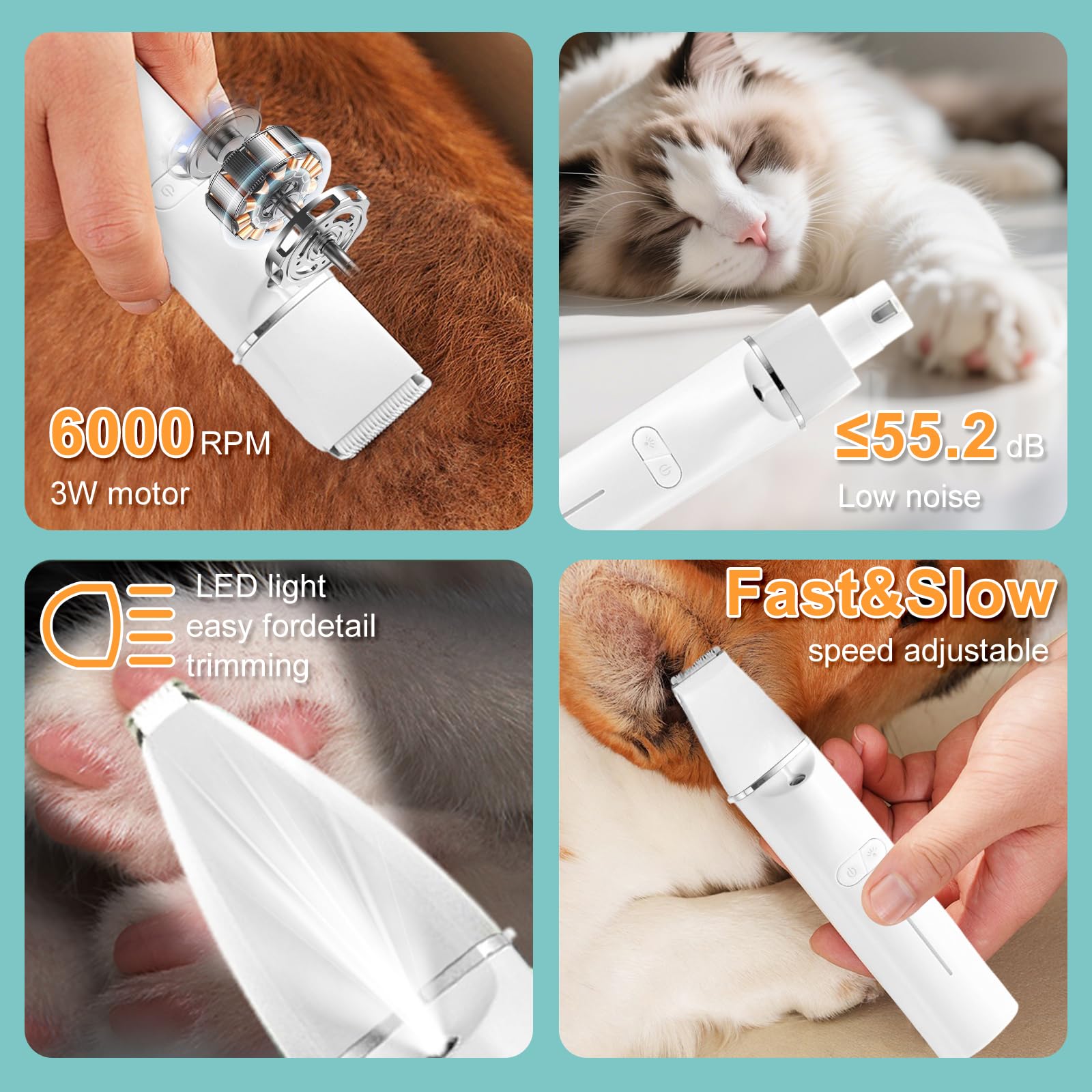 Dog Grooming Clipper Kit, 4 in 1 LED Light Low Noise Dog Paw Trimmer & Nail Grinder, 2 Speeds Adjustable Dog Grooming Kit for Cats Dogs - Image 2