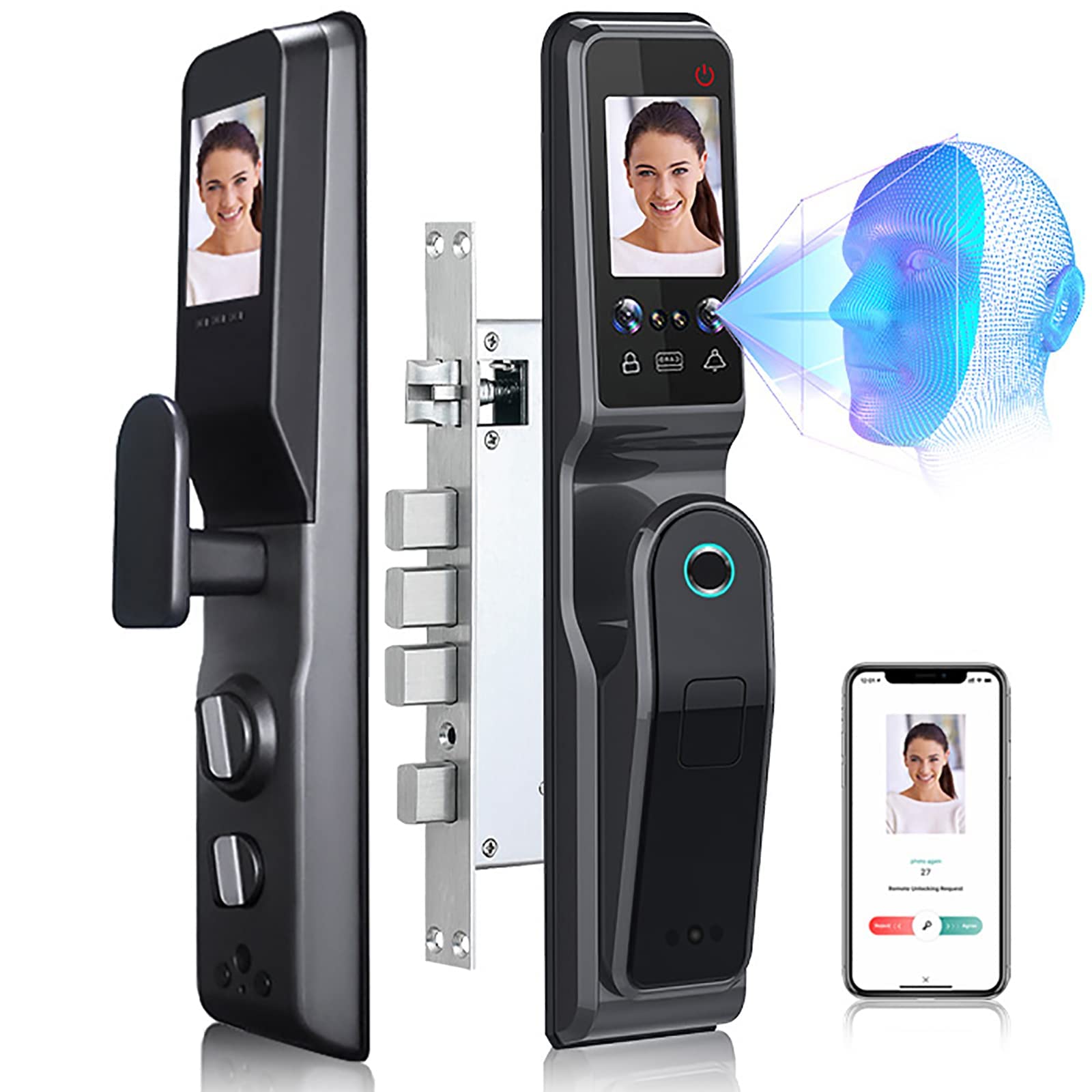 smart Door Lock, Smart Door Lock with Keys Face Recognition Biometric Fingerprint Digital Password Card with Visible Viewer