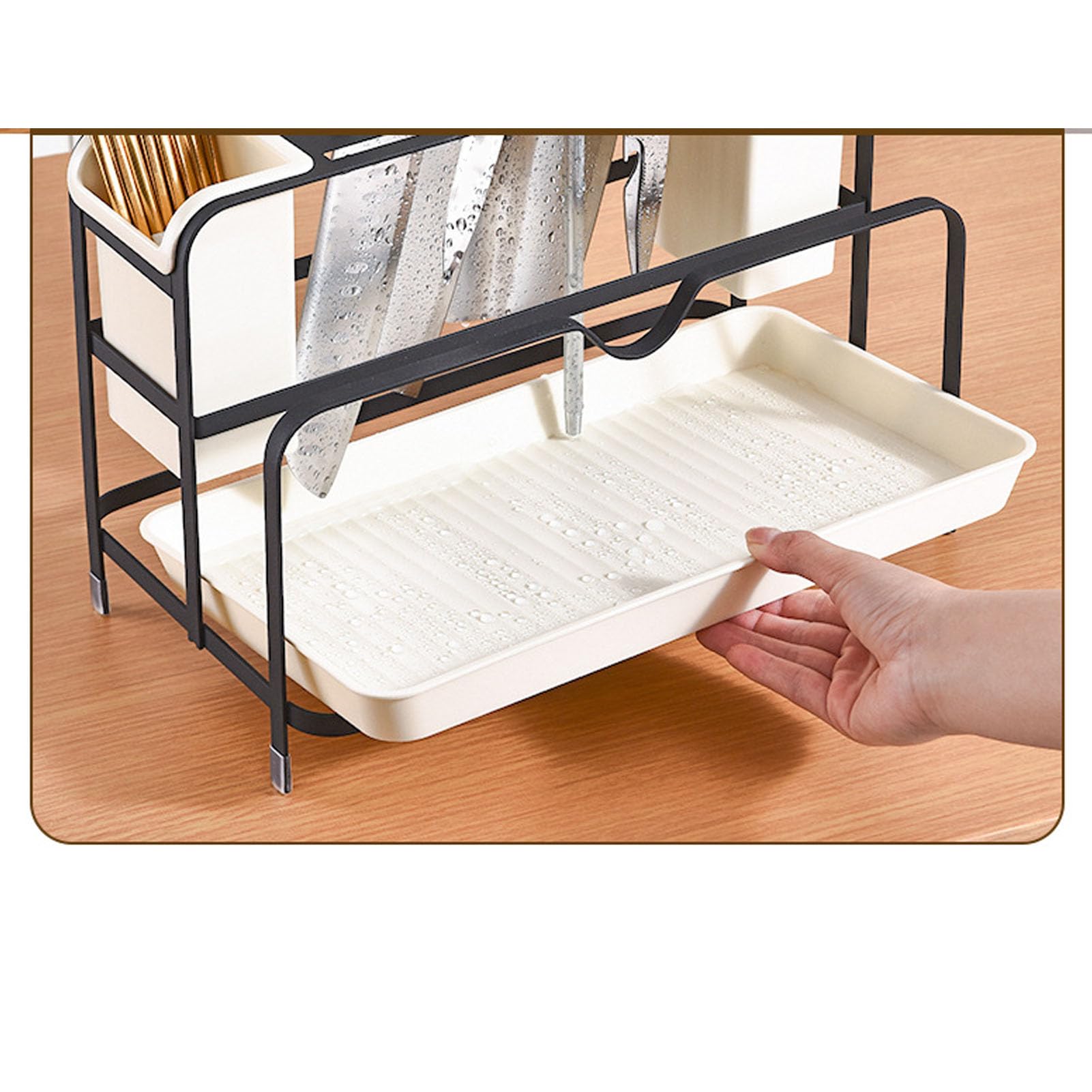 Porte - Baguettes Égouttoir, Support D'ustensiles De Cuisine Multifonctionnel En Acier Carbone Et PP Avec Bac De Récupération, Organisez Baguettes Cuillères Fourchettes Pour Maison (Noire)