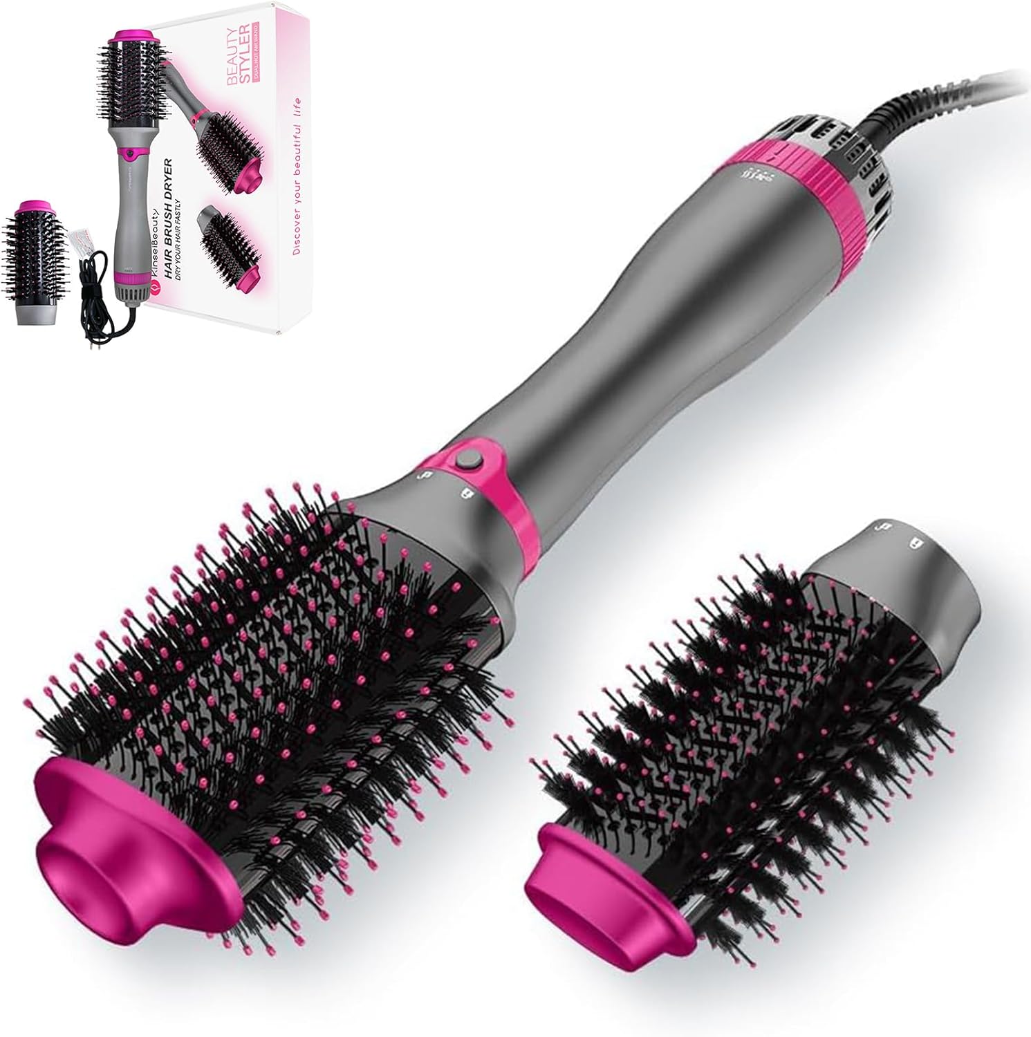 KinseiBeauty 4 in 1 Hair Dryer Brush, 1200W Hair Dryer Brush Straightener and Curler with 2 Interchangeable Brush Heads, 3 Different Speed Hair Dryer