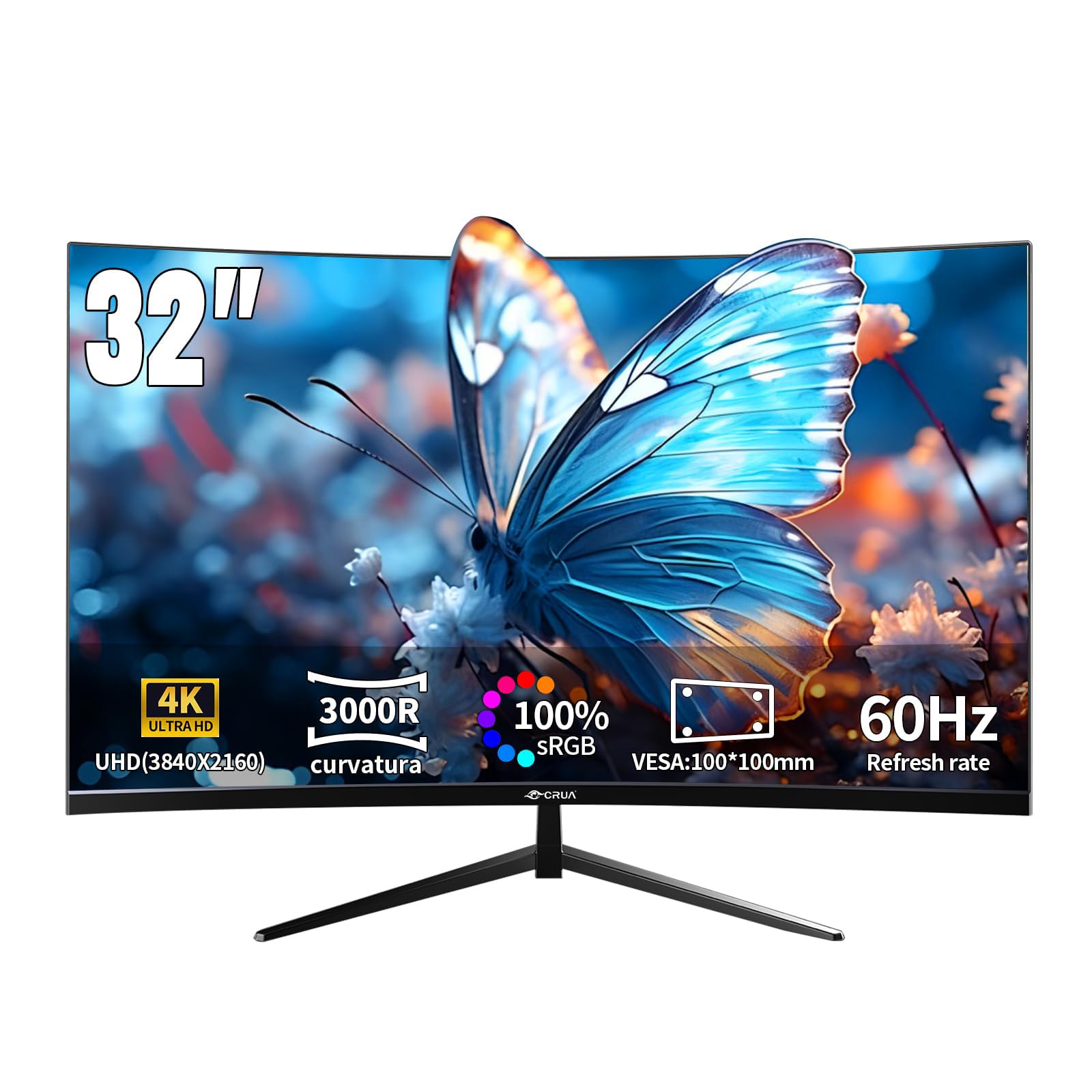 CRUA Monitor curvado 4K de 32 pulgadas, panel VA ultraancho 3000R, UHD 3840 x 2160 con HDR10, sincronización adaptativa, 100% sRGB, pantalla de cuidado ocular para juegos, trabajo y entretenimiento
