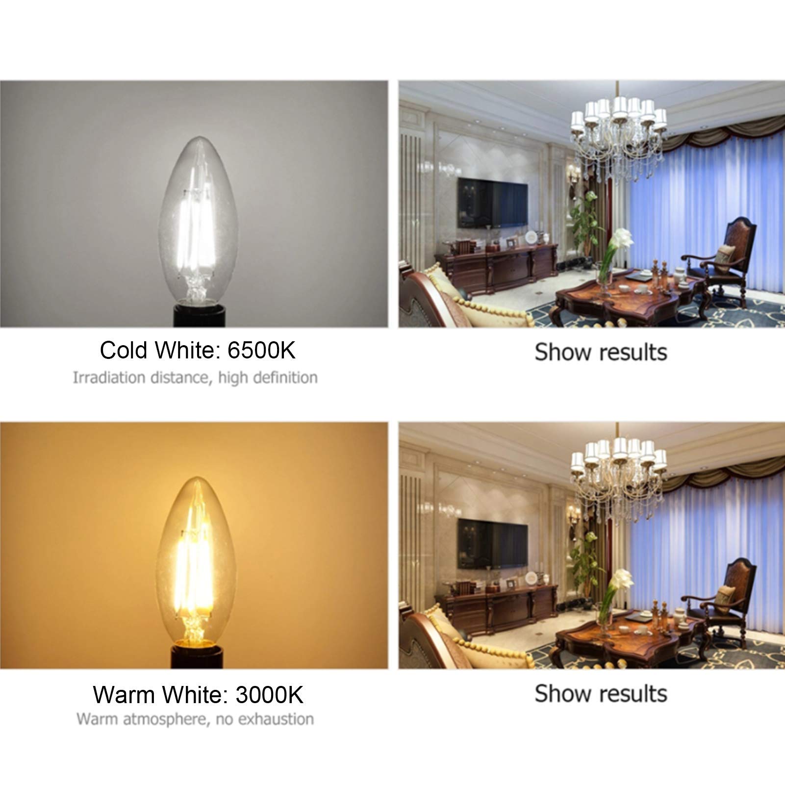 Lampadina a forma candela con filamento LED base, lampadina con base europea, 400LM equivalenti a 40 W, testa a proiettile a forma siluro in vetro trasparente C35, dimmerabile, bianco freddo
