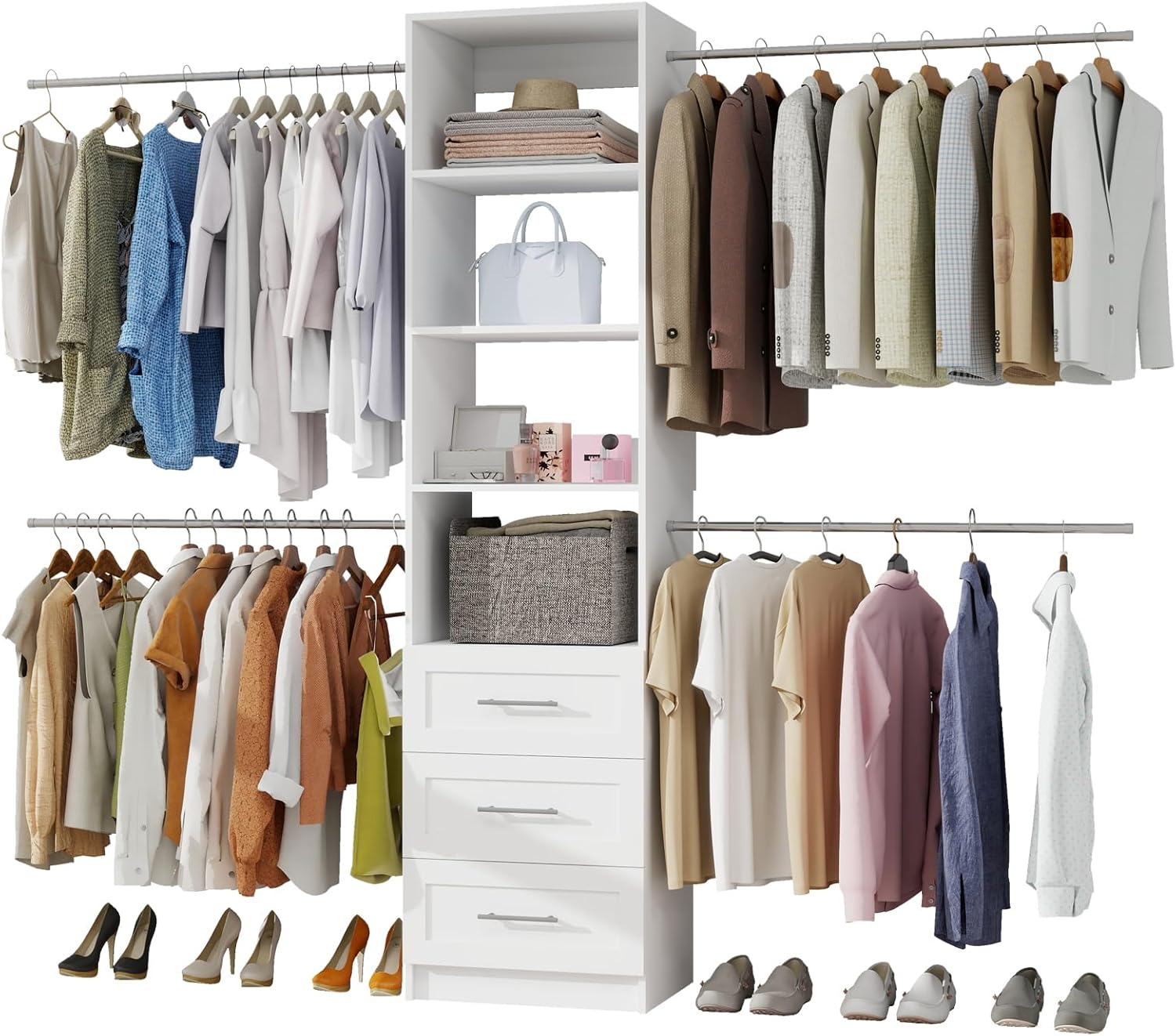Closet System, 5FT-9FT Closet Organizer System with 4 Expandable Hanging Rods and Moveable Shelves, 115" Walk in Closet System with 3 Wooden Drawers, Custom Built in Closet, Wall Mount