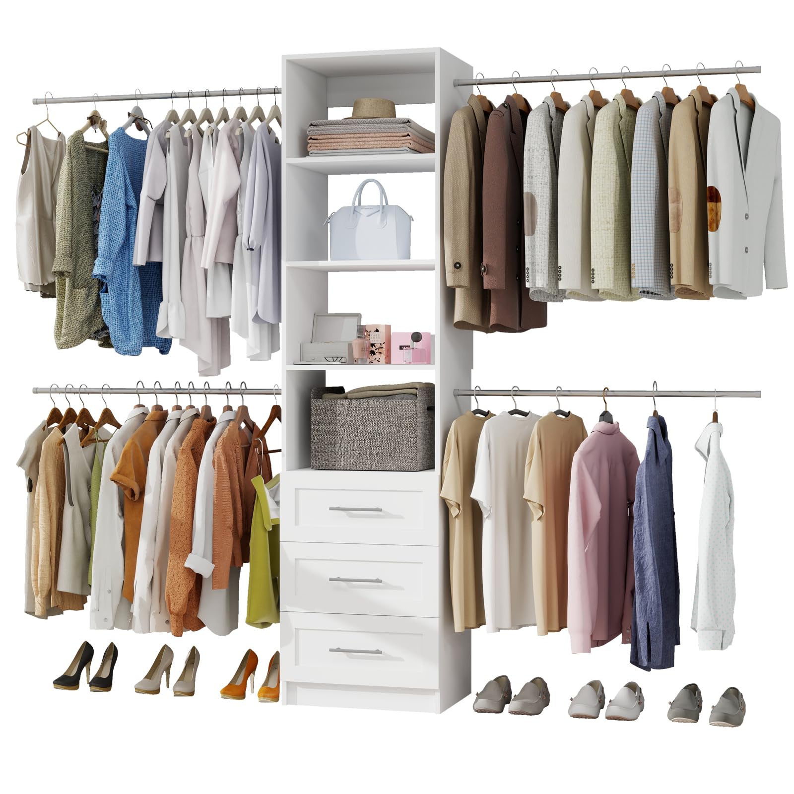secilix Closet System, 5FT-9FT Closet Organizer System with 4 Expandable Hanging Rods and Moveable Shelves, 115" Walk in Closet System with 3 Wooden Drawers, Custom Built in Closet, Wall Mount