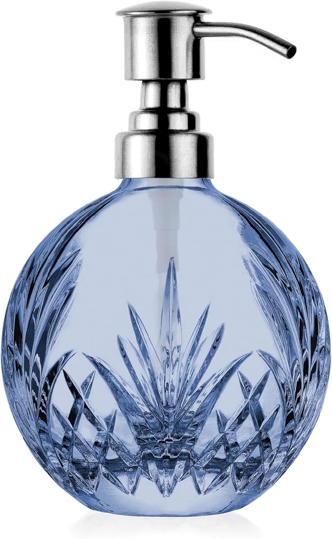 Godinger Soap Dispenser with Pump, Crystal Glass Lotion Dispenser, Bathroom and Kitchen Liquid Soap Dispenser - Dublin Collection, Blue