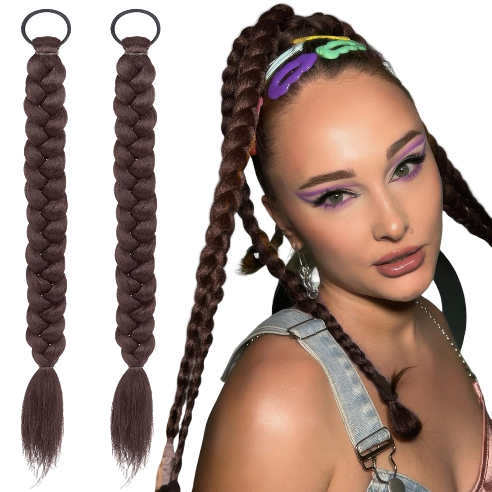 Photo 1 of 2 Pcs Braided Ponytail Extensions with Hair Ties Soft Natural Synthetic Ponytail Hair Pieces for Women Girls Daily Hairpieces Accessories 16 Inch (Dark Brown)