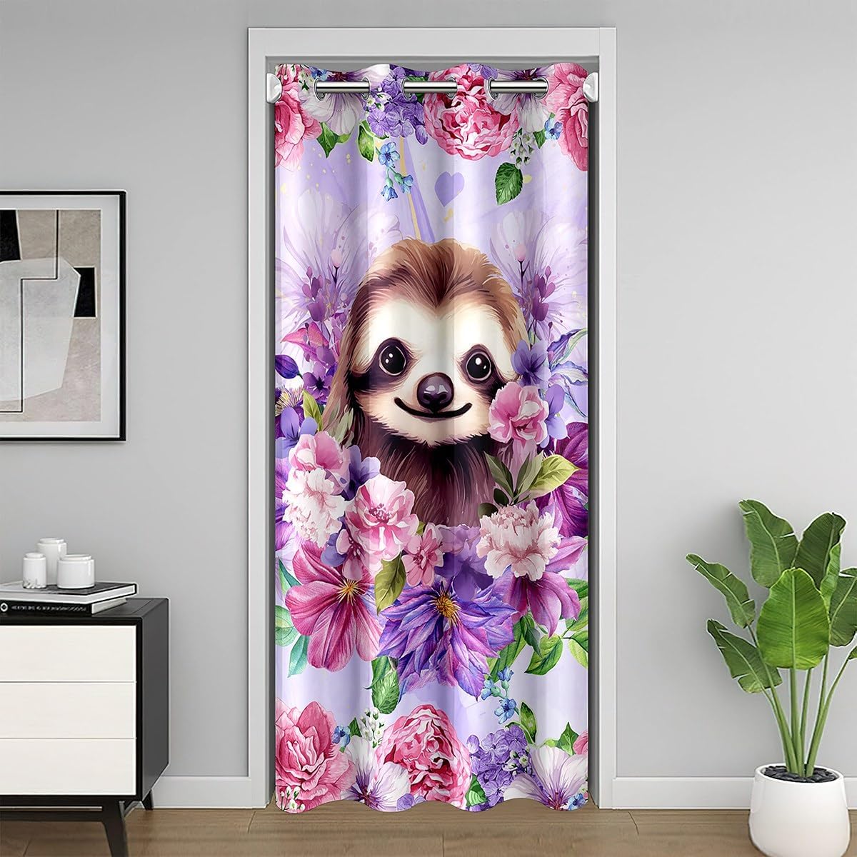 Castle Fairy Cute Sloth Door Curtain Watercolor Floral Blackout Curtain All Season Lovely Jungle Animal Theme Doorway Curtain for Kids Teens Adults Kawaii Brown Sloth Door Drape 60" W X 80" L