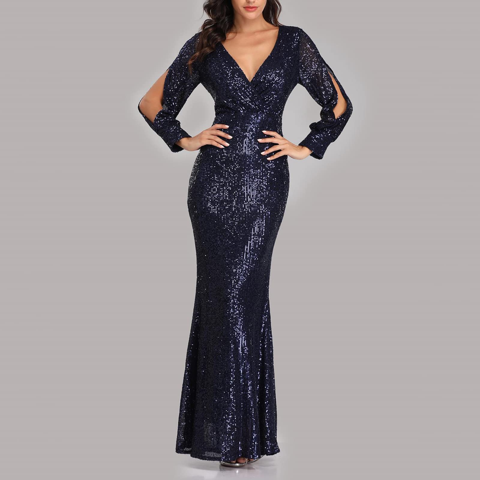 Robe Longue Sexy Robes de soirée en queue de poisson pour femmes brodées sans manches col en V mariage demoiselle d'honneur soirée longue robe étage longueur bandage bal robes de bal Jupe Évasée Danse