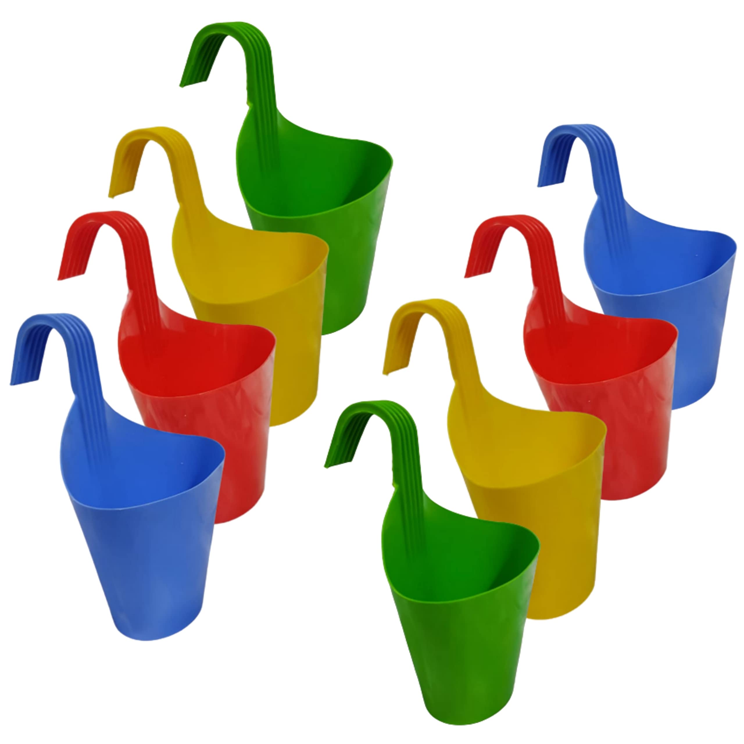 GREENY Hanging Planters for Plants Plastic Railing Flower Pots, Balcony Railing Multicolor Hook Pots for Home Gardening (Unbreakable, 7Inch, Pack of 8)