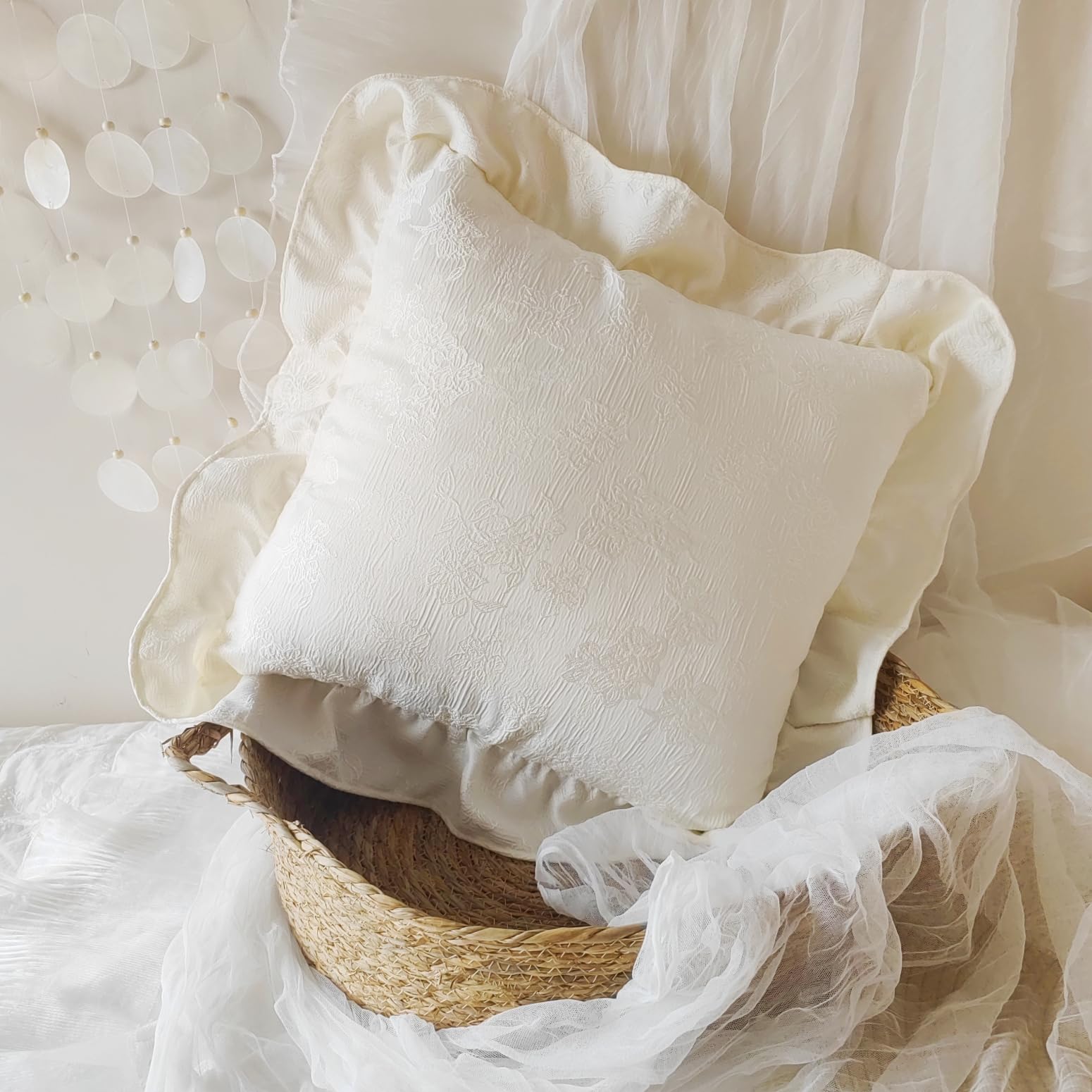 Ivory Round Pillow Cover - French Vintage Style Crushed Art Silk 12 Inch