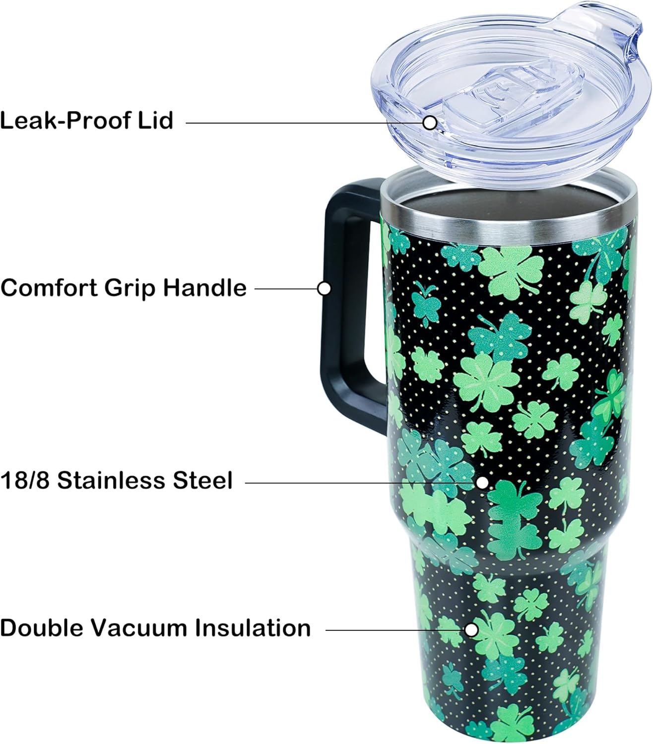 40oz St Patricks Day Tumbler with Handle and Straw, Green Irish Shamrocks Stainless Steel Travel Mug Water Bottle, Vacuum Insulated Cup - Image 4