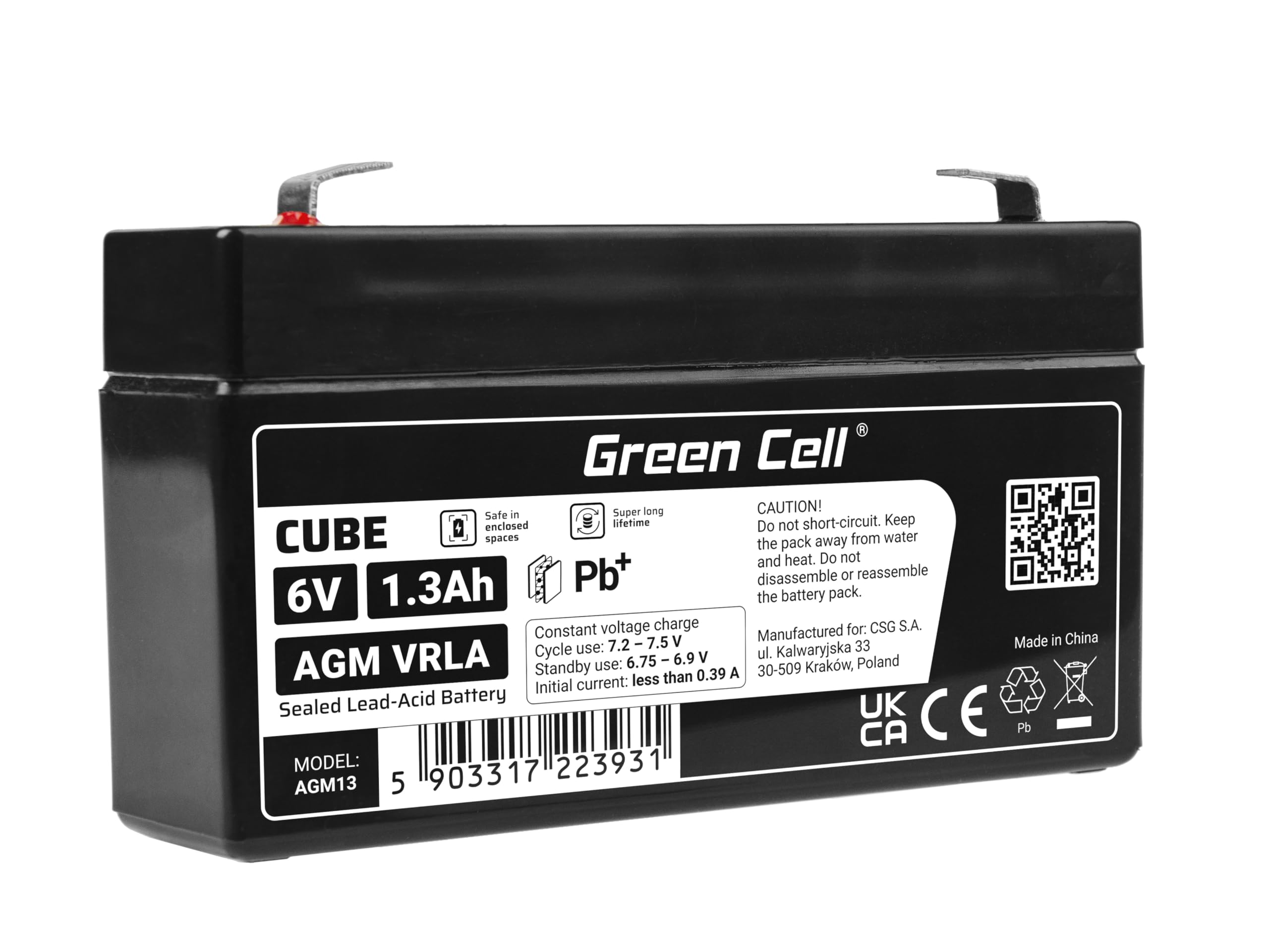 Batteria Green Cell® AGM 6V 1,3Ah, batteria al piombo-acido VRLA, batteria di ricambio al piombo-acido, batteria gel a scarica profonda, per roulotte senza conducente Fotovoltaico Sedia a rotelle