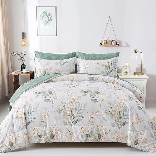Miniatura 1 de Juego de edredón botánico Queen, 7 piezas de cama reversible floral en una bolsa, juego de ropa de cama con estampado de hojas verdes, microfibra