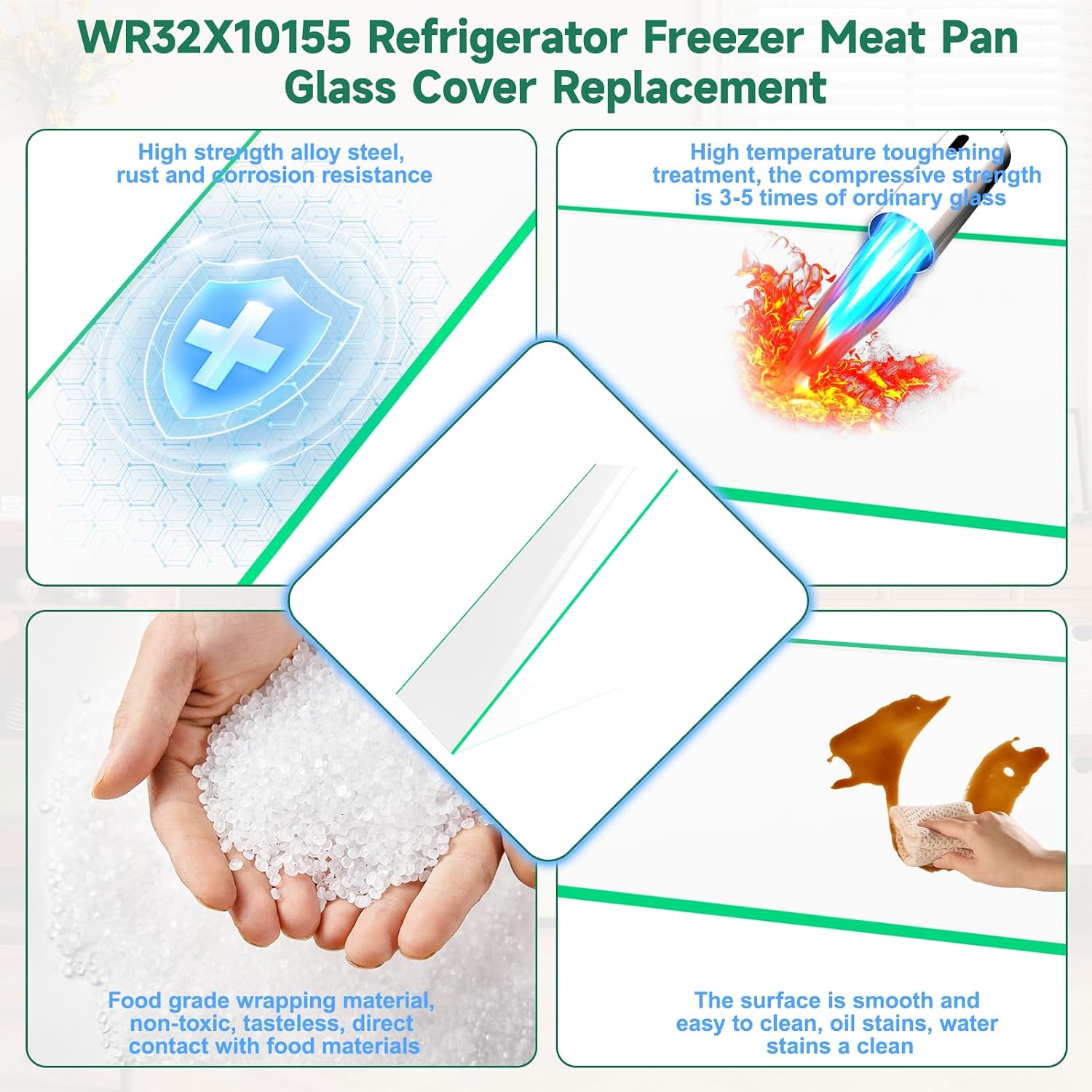 Upgraded WR32X10155 Refrigerator Freezer Meat Pan Glass Cover Replacement, Fit for GE Side-By-Side Refrigerator Hotpoint Refrigerator Insert Crisper Glass Shelf, Tempered Glass Crisper Drawer Cover