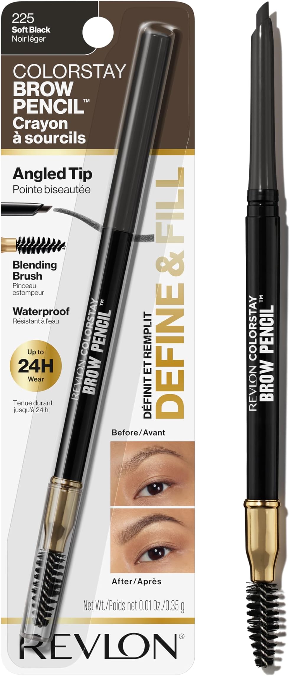 ColorStay Eyebrow Pencil with Spoolie Brush, Waterproof, Hair-Like Strokes for Natural Looking Brows, 225 Soft Black, 0.021 oz